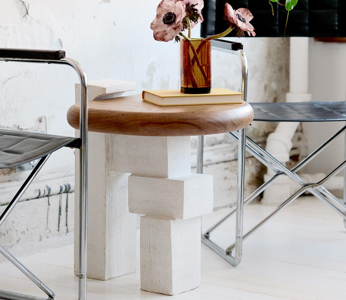 Modern James Side Table in Ceramic and White or Ebonized Oak by Danny Kaplan Studio For Sale