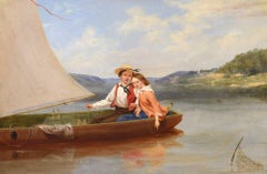 "Trolling," American Realist, oil, boating, figurative, Hudson River School 