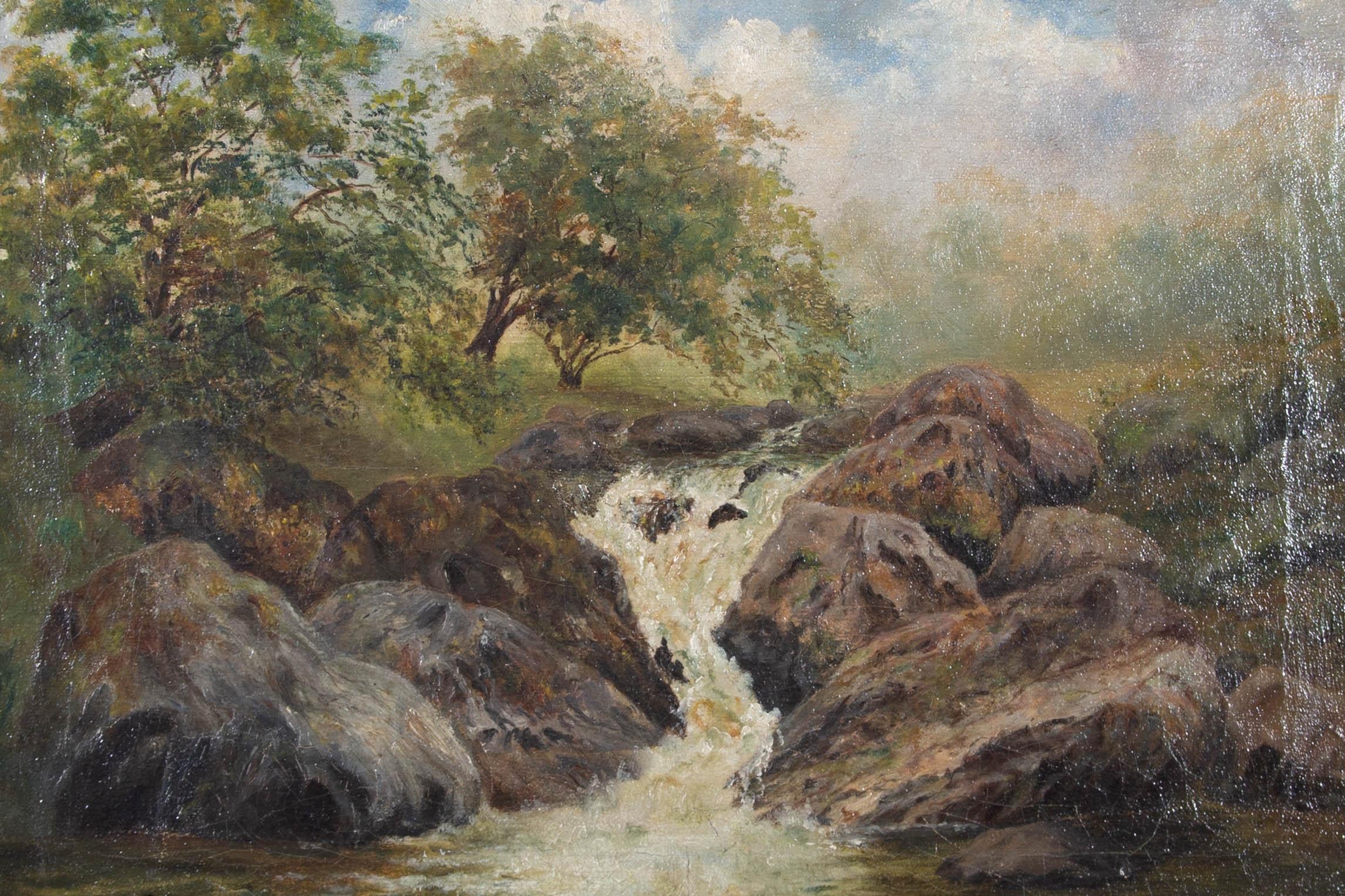 A painting of a waterfall on the Afon Dulyn river in north-west Wales. Presented in a distressed gilt-effect wooden frame. Unsigned. The name of the artist and the title are inscribed on verso. On canvas on stretchers.
