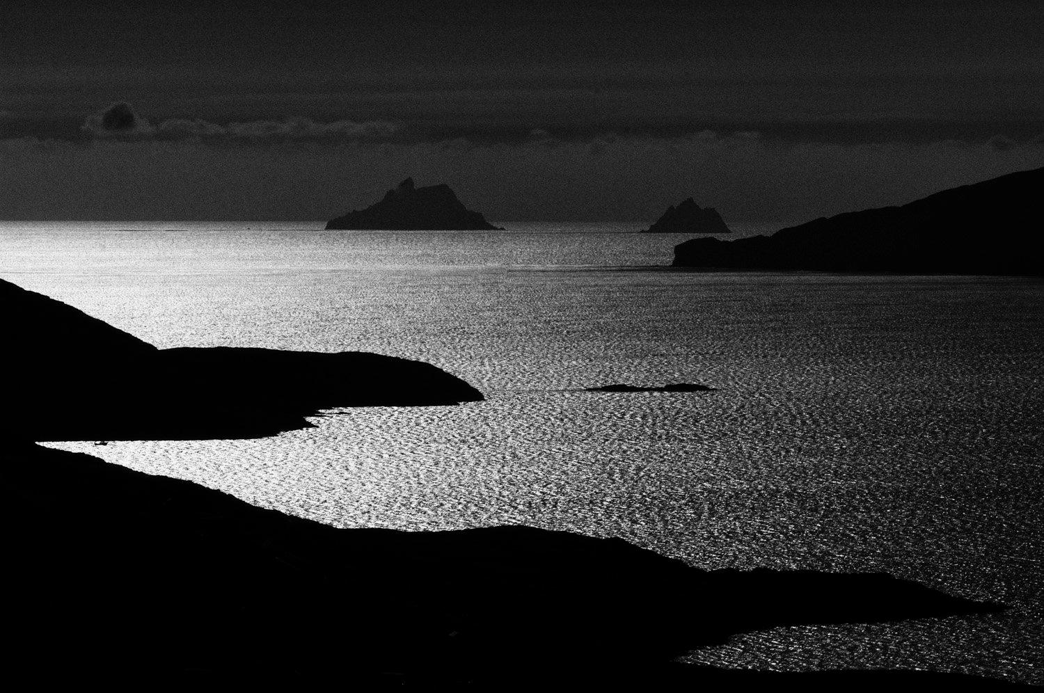 The Skellig Islands are off the coast of Kerry in Ireland. Once the home of reclusive monks they have gained notoriety recently as a retreat for Luke Skywalker… Lit by moon light reflected off the Atlantic Ocean swell they portray a calm at odds