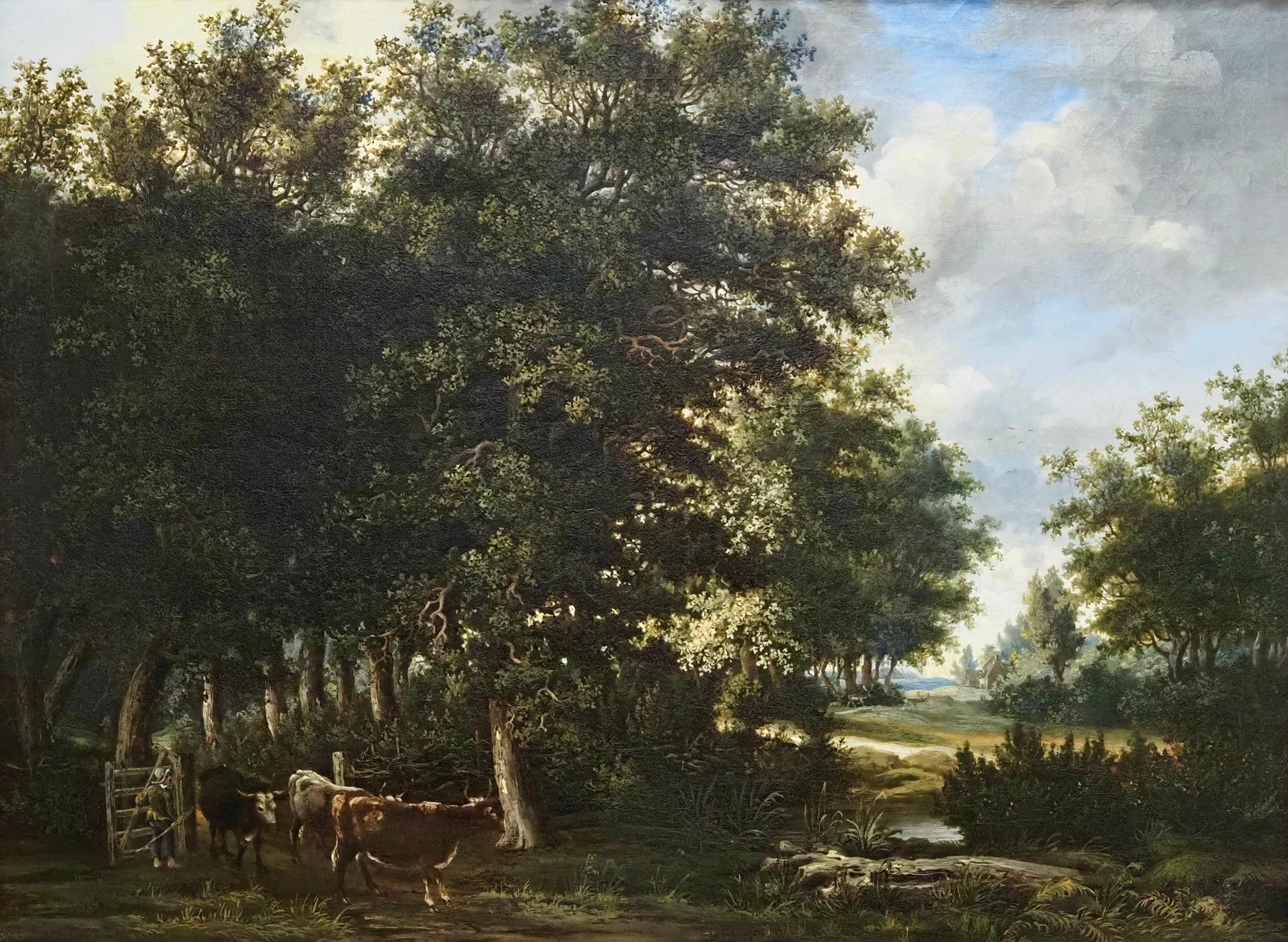 Herding cattle through a wooded river landscape - Painting by James Stark