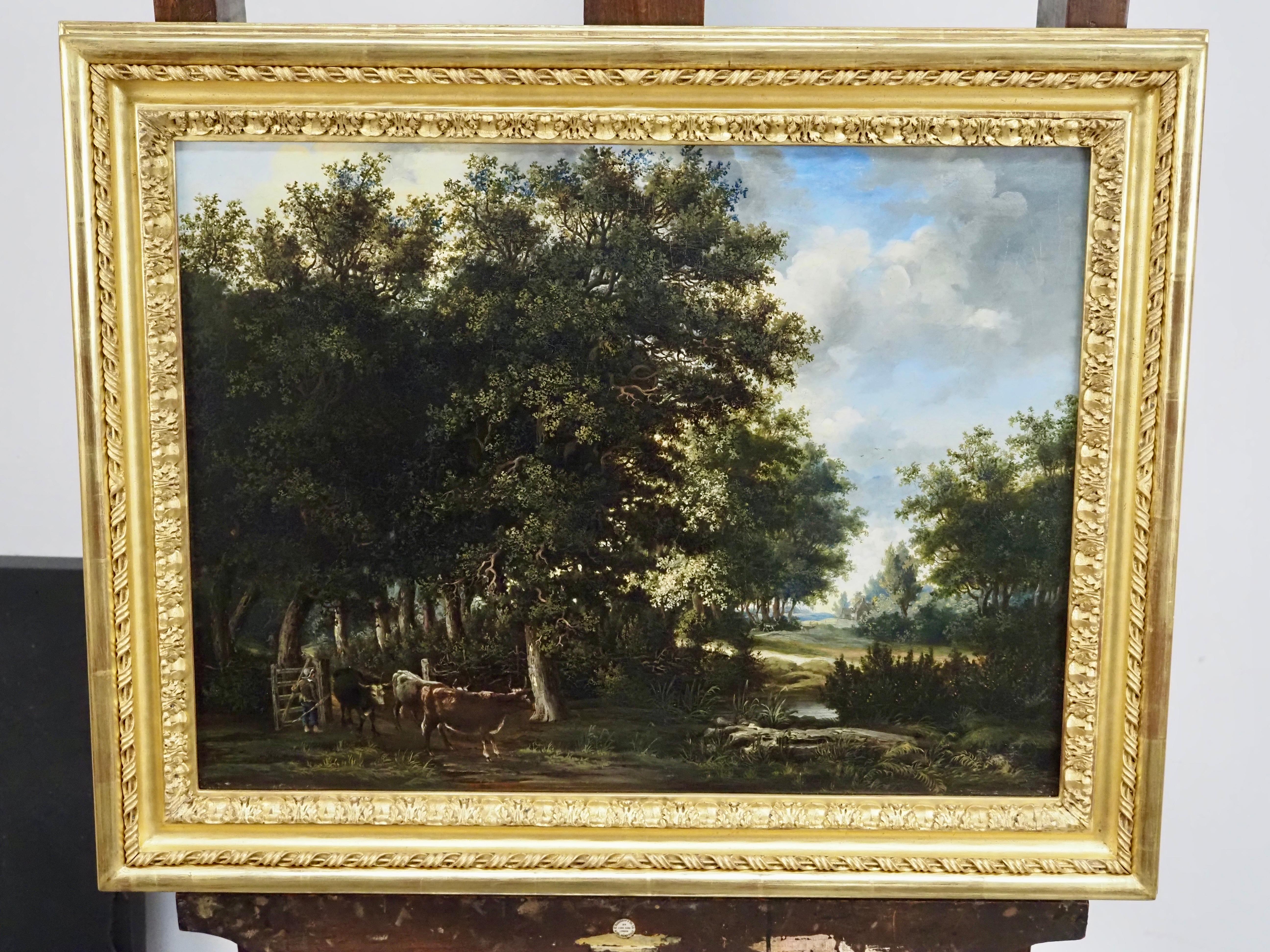 Herding cattle through a wooded river landscape - Old Masters Painting by James Stark