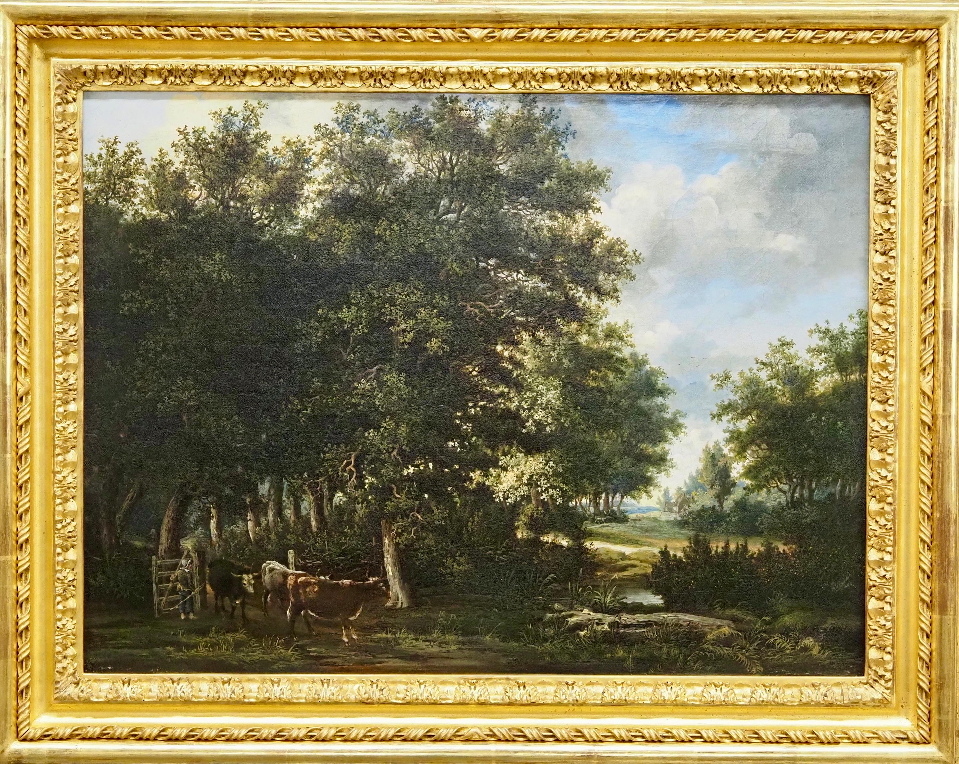 James Stark Landscape Painting - Herding cattle through a wooded river landscape