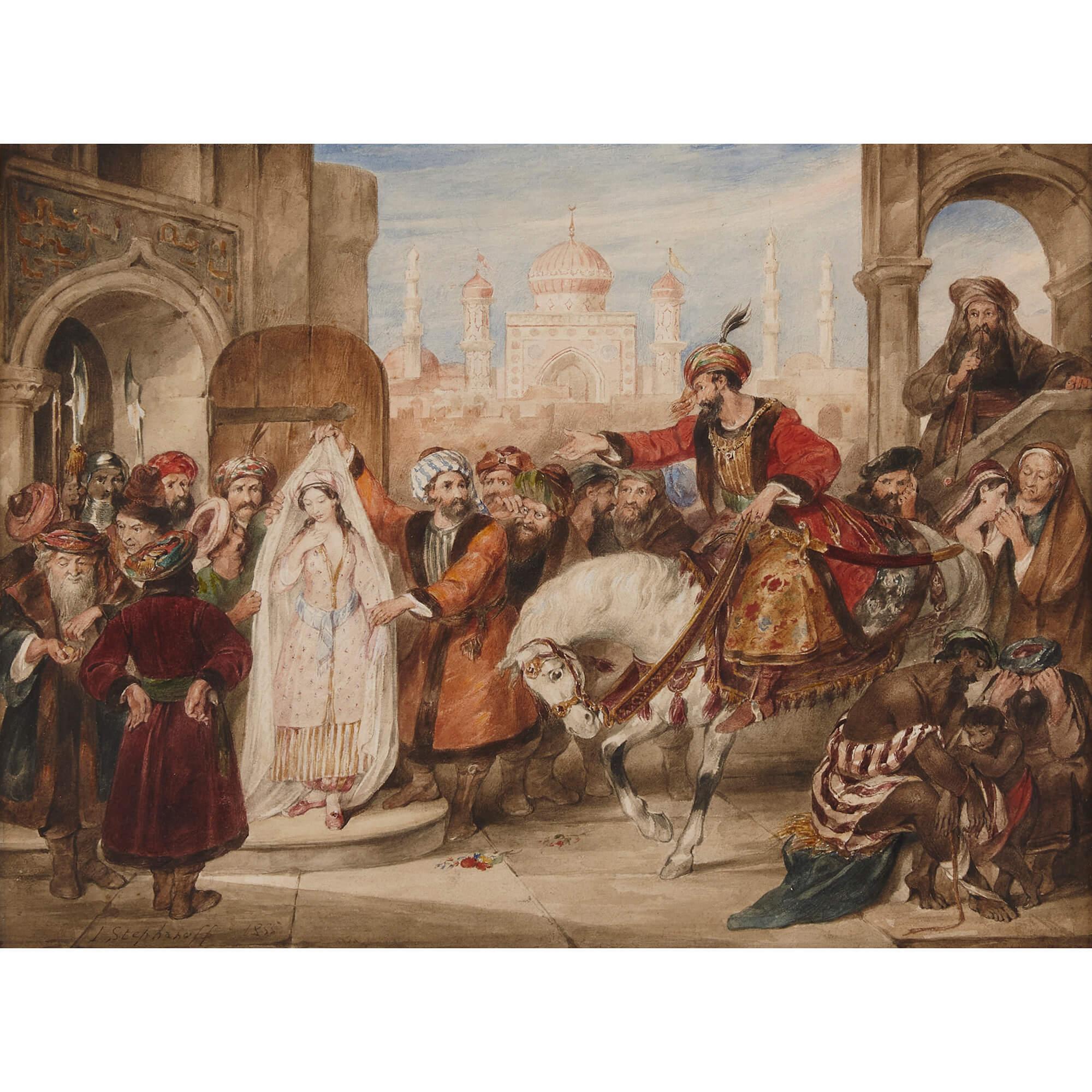 Orientalist Watercolour by Stephanoff of a Middle Eastern Scene - Painting by James Stephanoff
