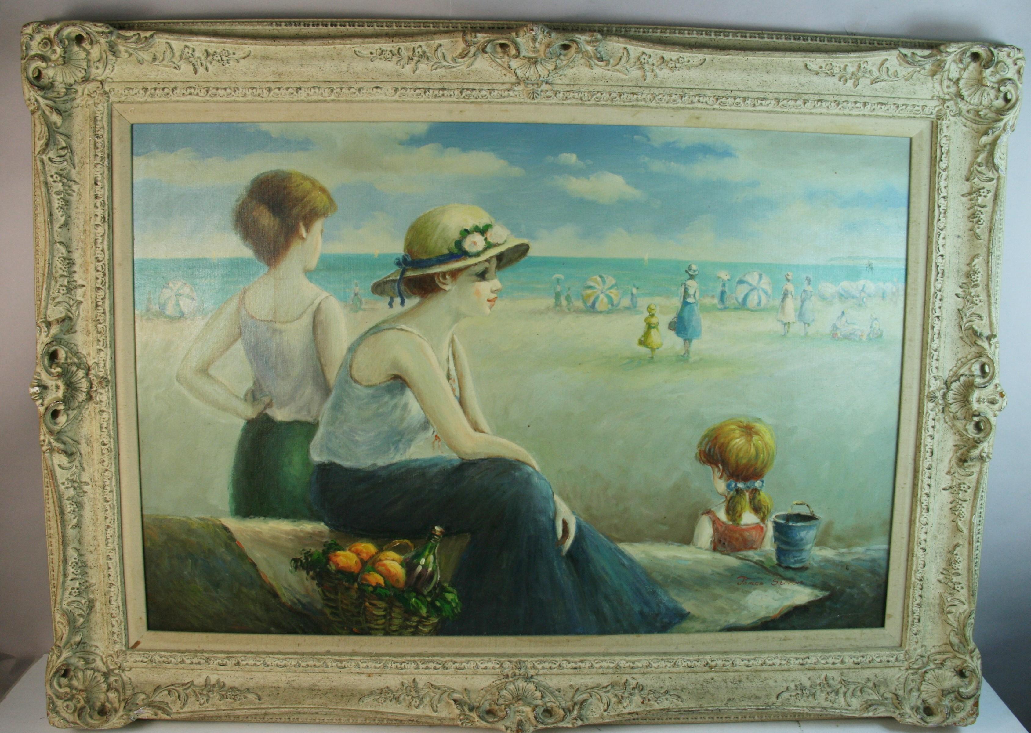French Oversized Oil Painting, Seaside Family Gathering, 1960s, Framed