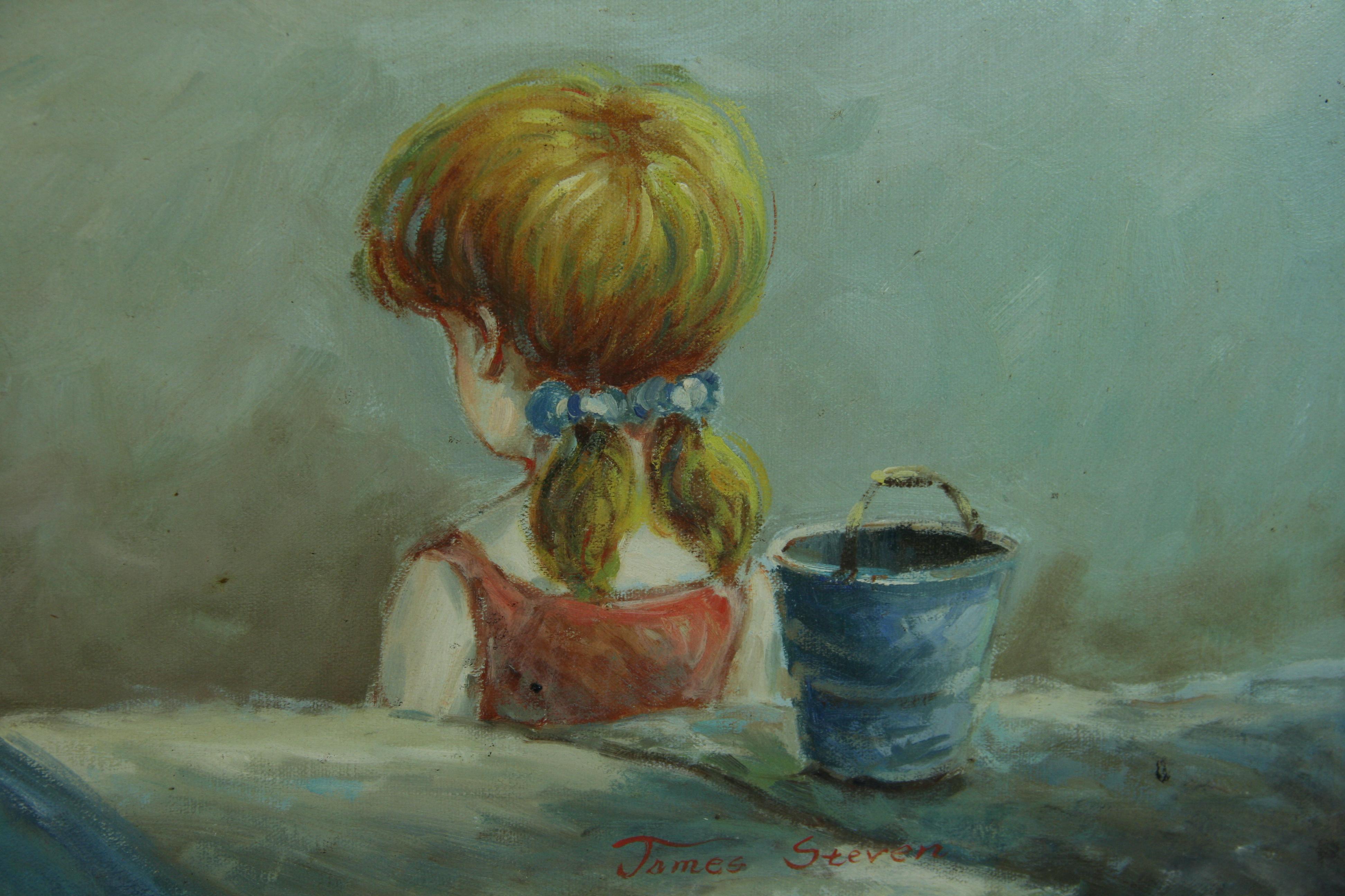 Huile surdimensionnée française Rassemblement familial au bord de la mer en vente 7