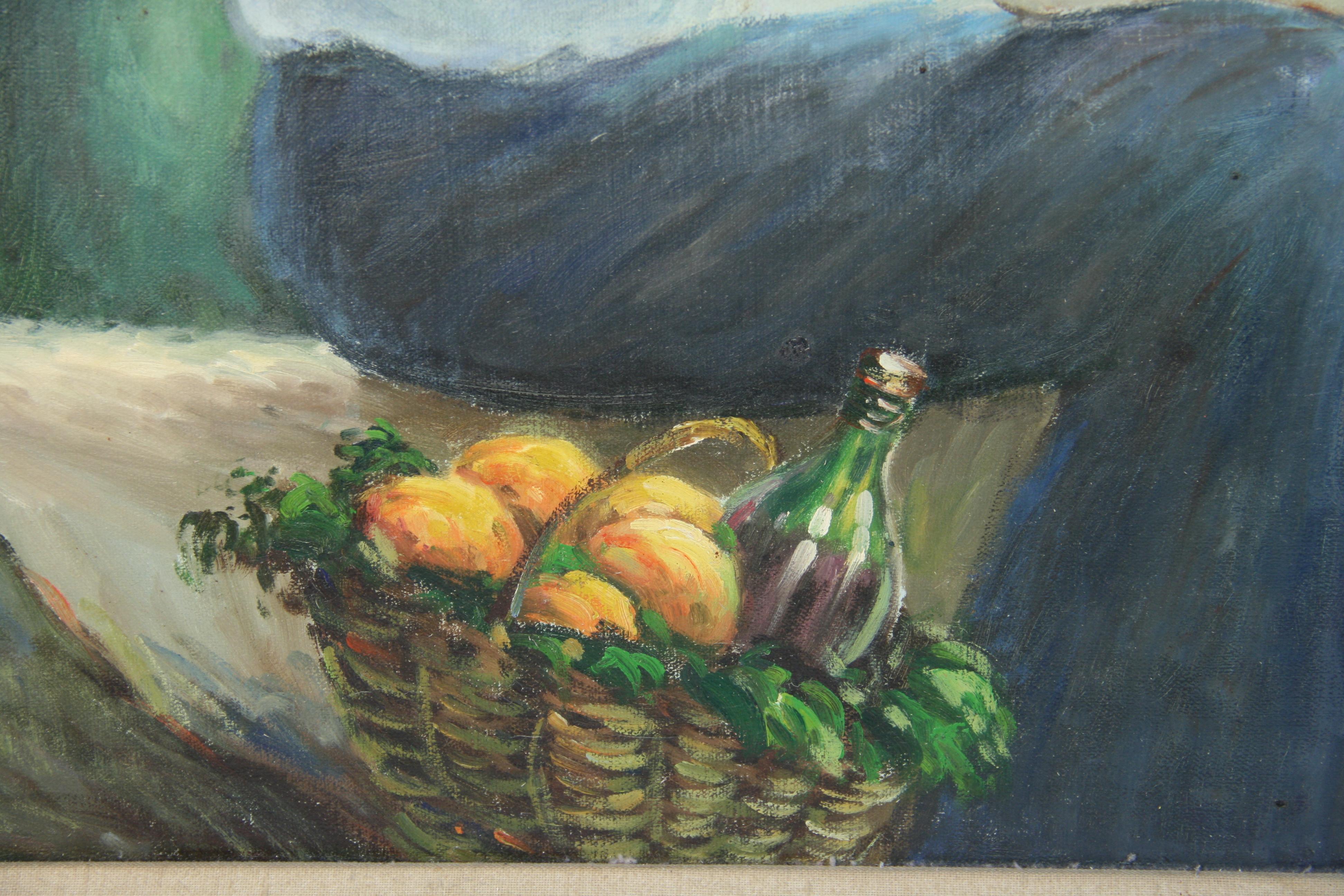 Huile surdimensionnée française Rassemblement familial au bord de la mer en vente 8