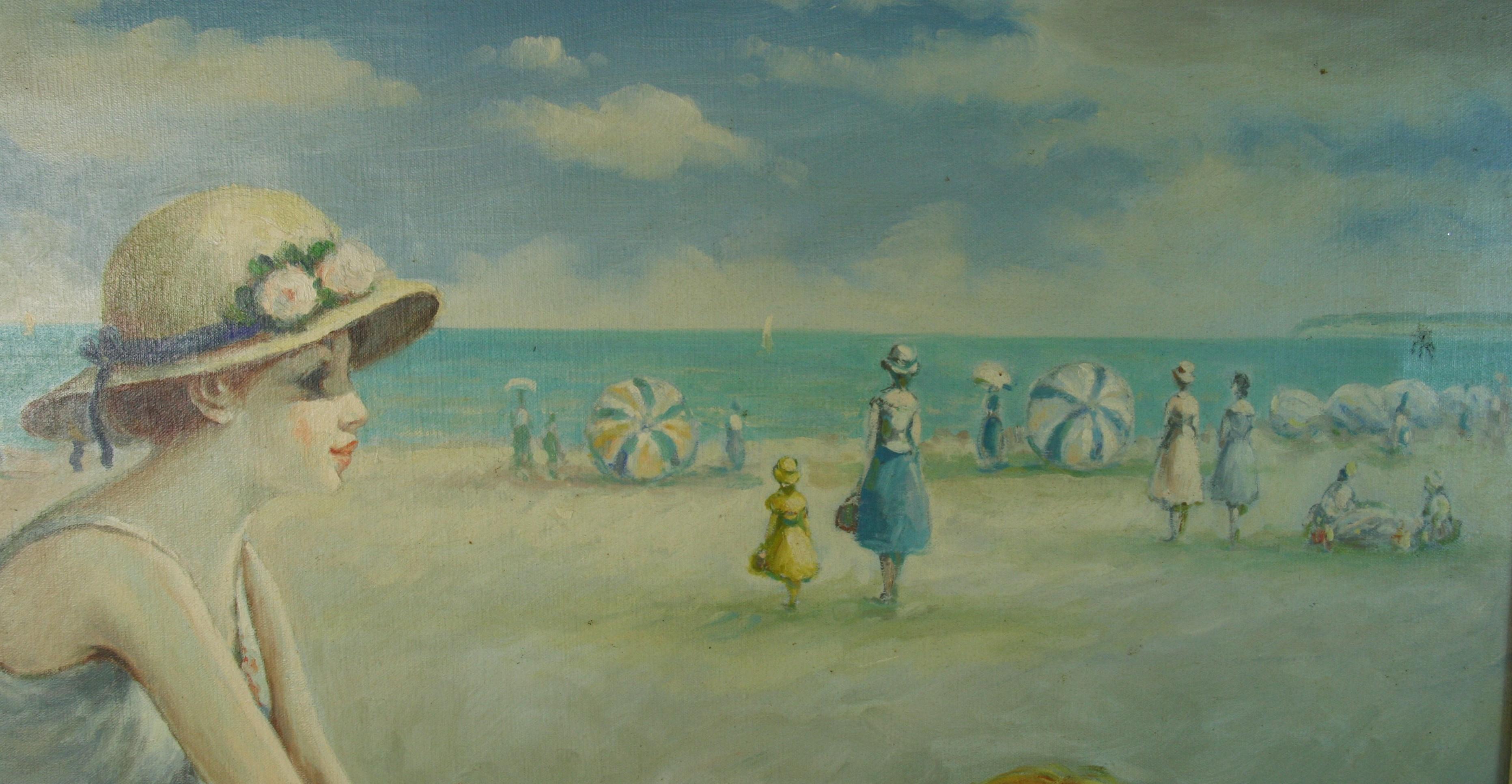 Huile surdimensionnée française Rassemblement familial au bord de la mer en vente 10