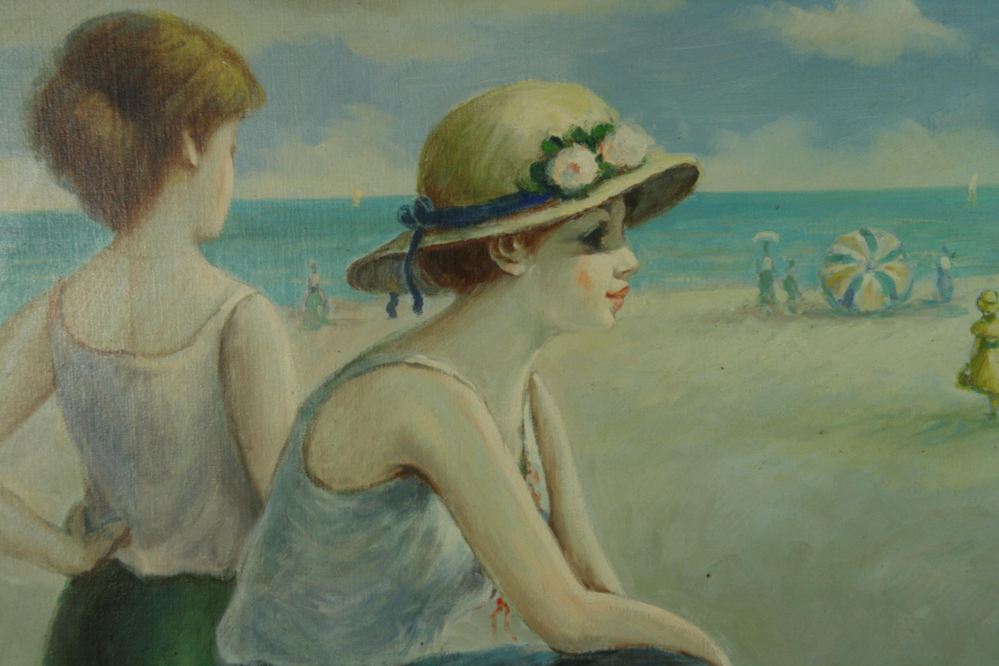 Huile surdimensionnée française Rassemblement familial au bord de la mer - Gris Figurative Painting par James Stevens