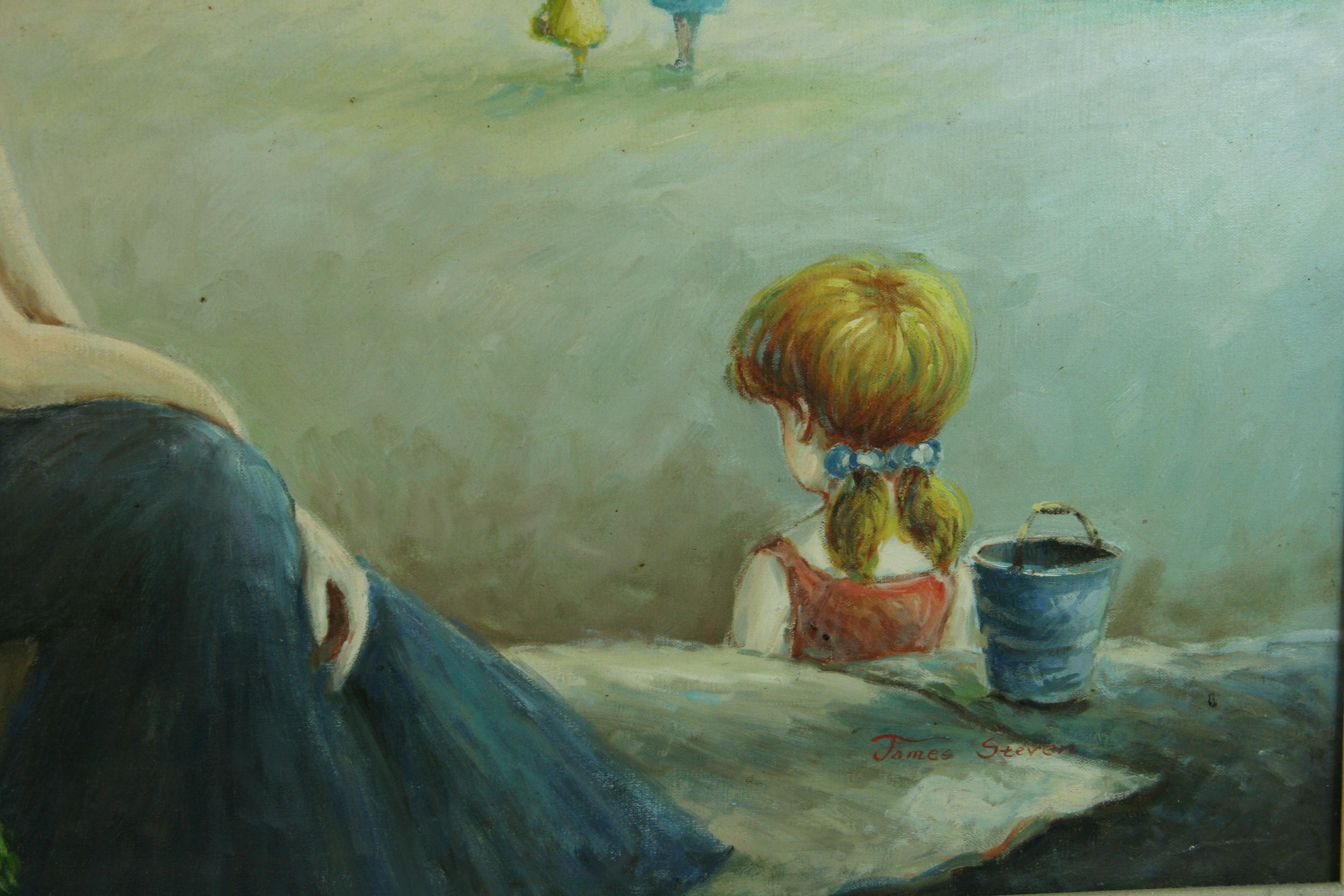 6049 Vintage peinture à l'huile surdimensionnée réunion de famille au bord de la mer
Cadre orné 
Taille de l'image 23.5x35.5
