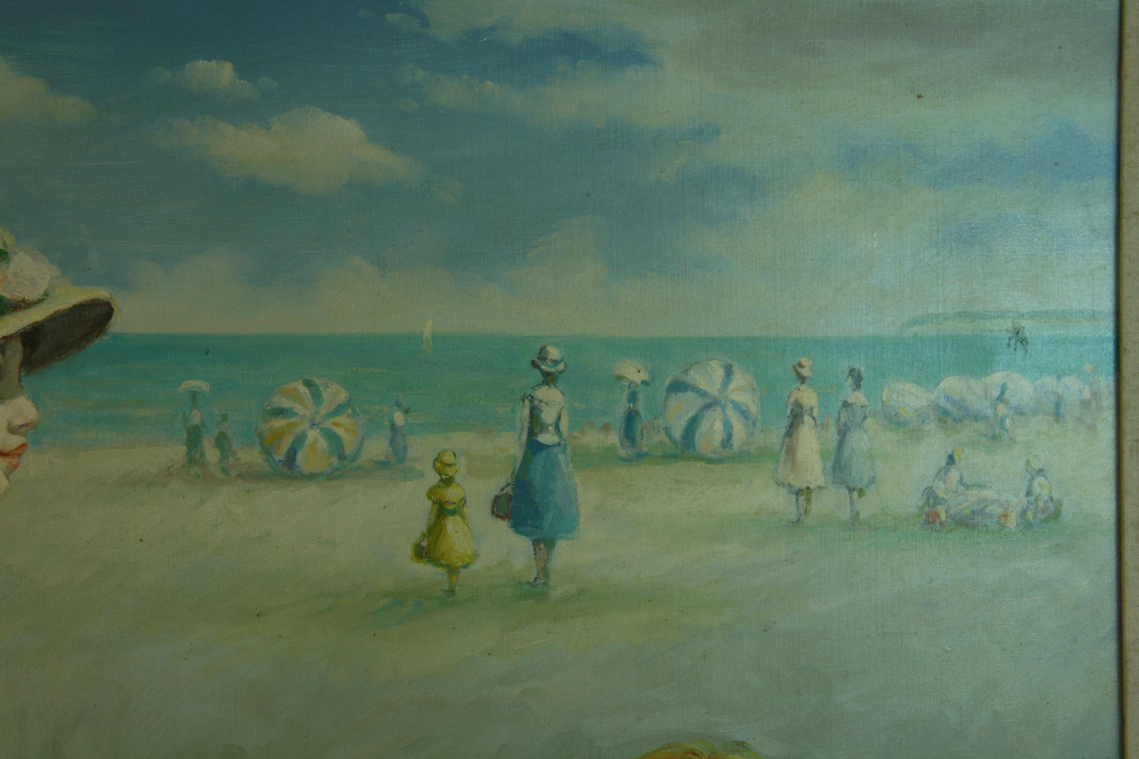 Huile surdimensionnée française Rassemblement familial au bord de la mer en vente 1