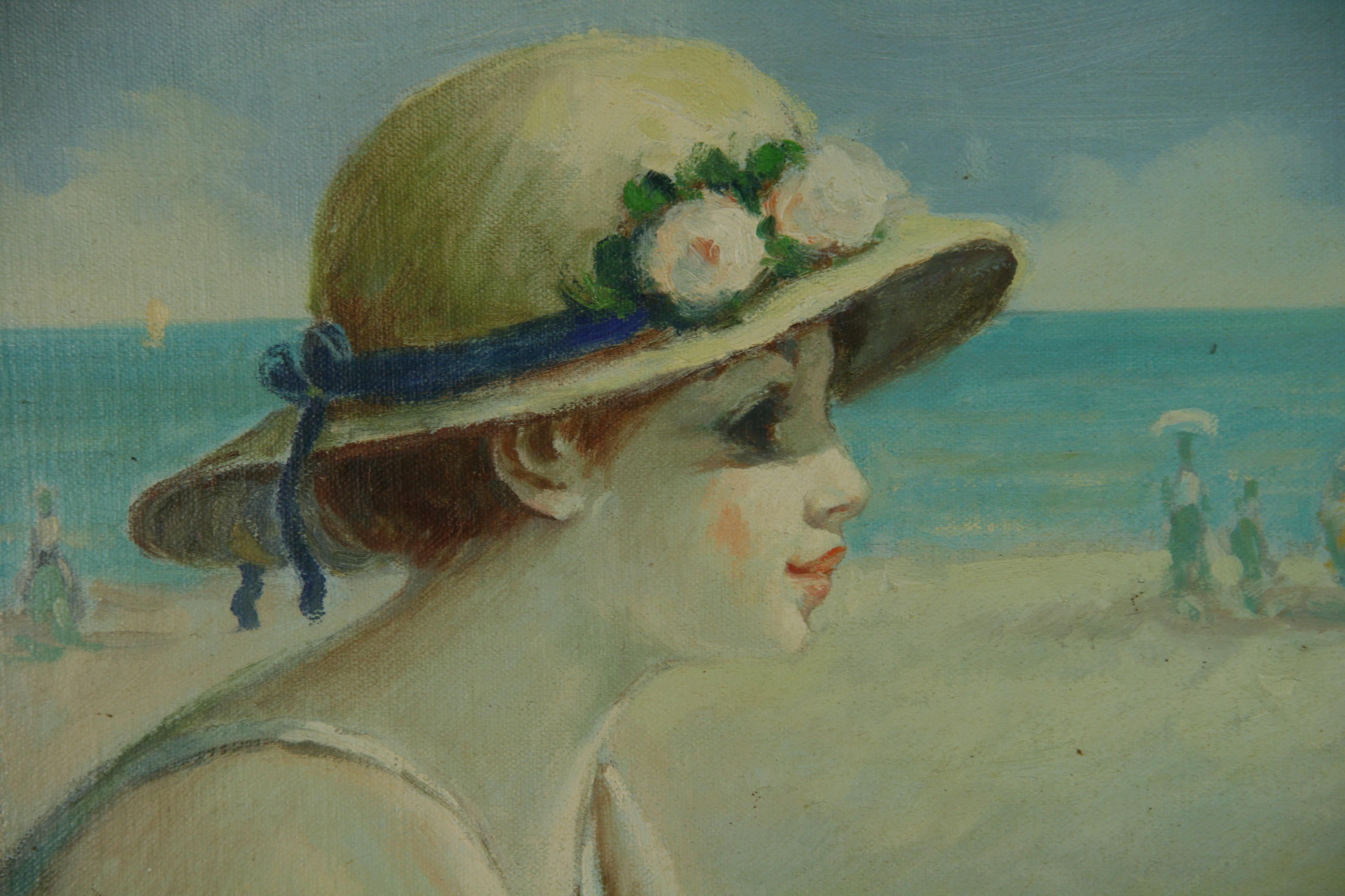 Huile surdimensionnée française Rassemblement familial au bord de la mer en vente 2