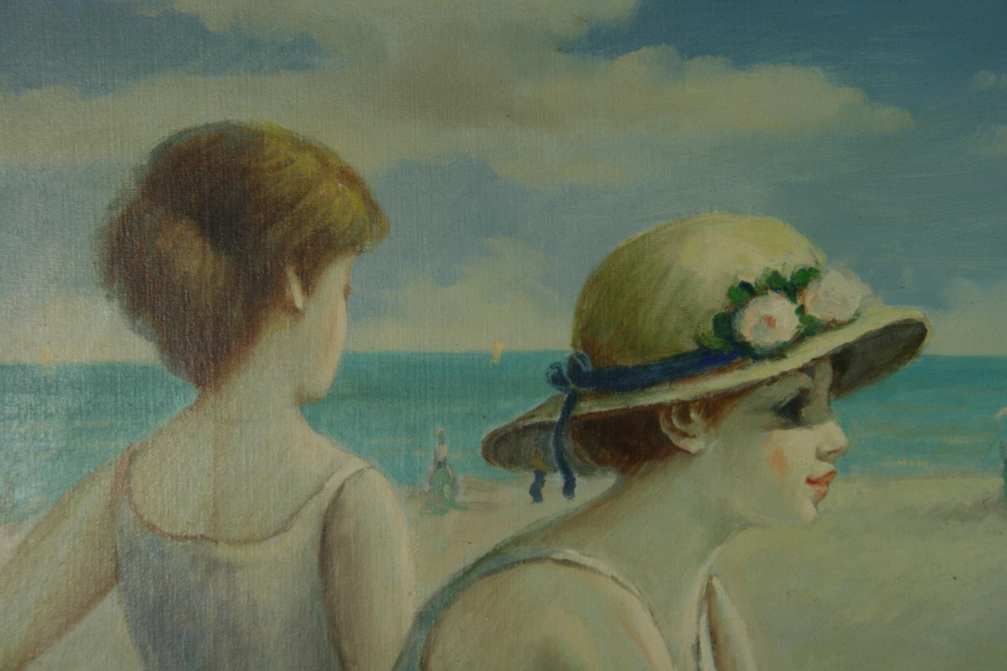 Huile surdimensionnée française Rassemblement familial au bord de la mer en vente 3