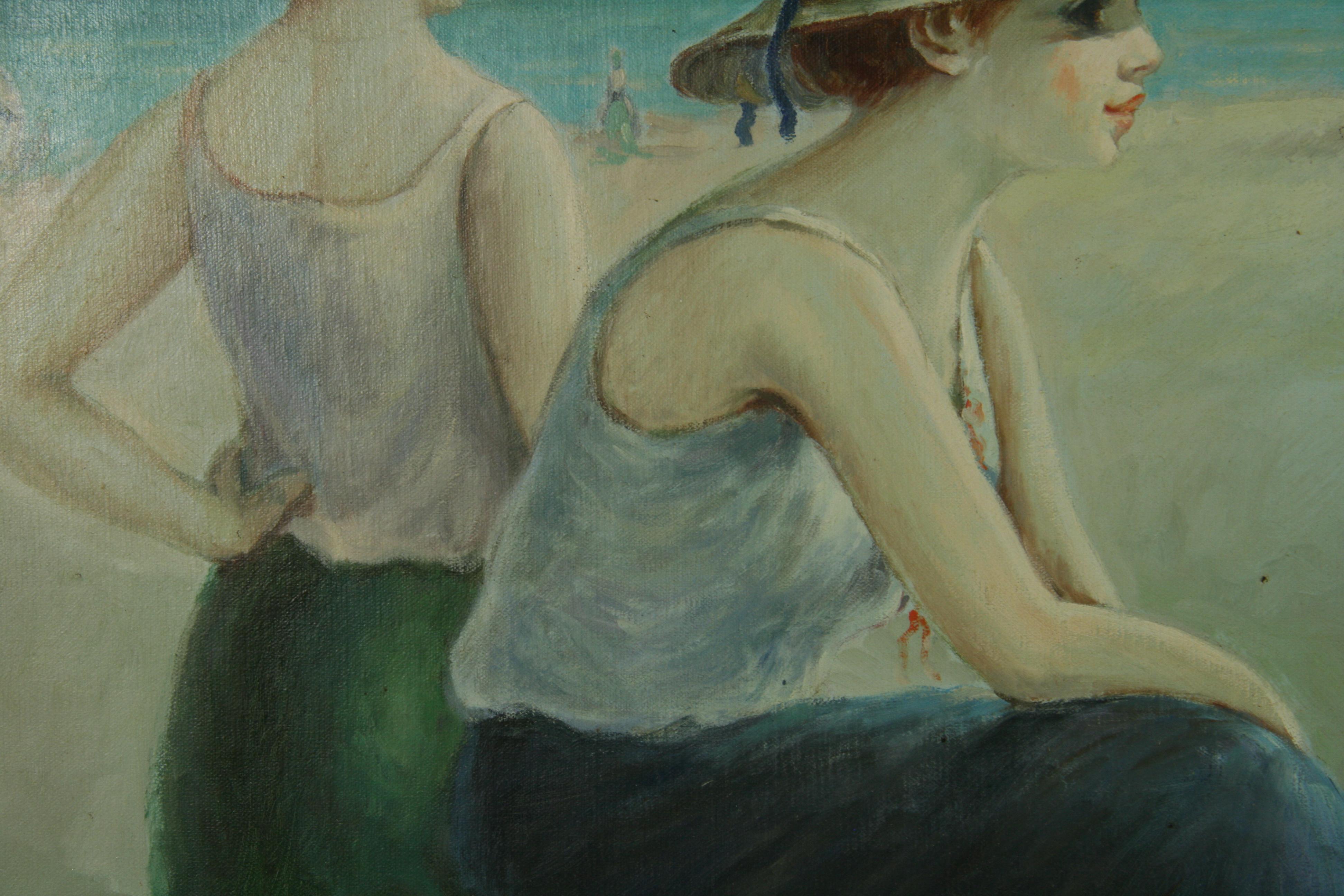 Huile surdimensionnée française Rassemblement familial au bord de la mer en vente 4