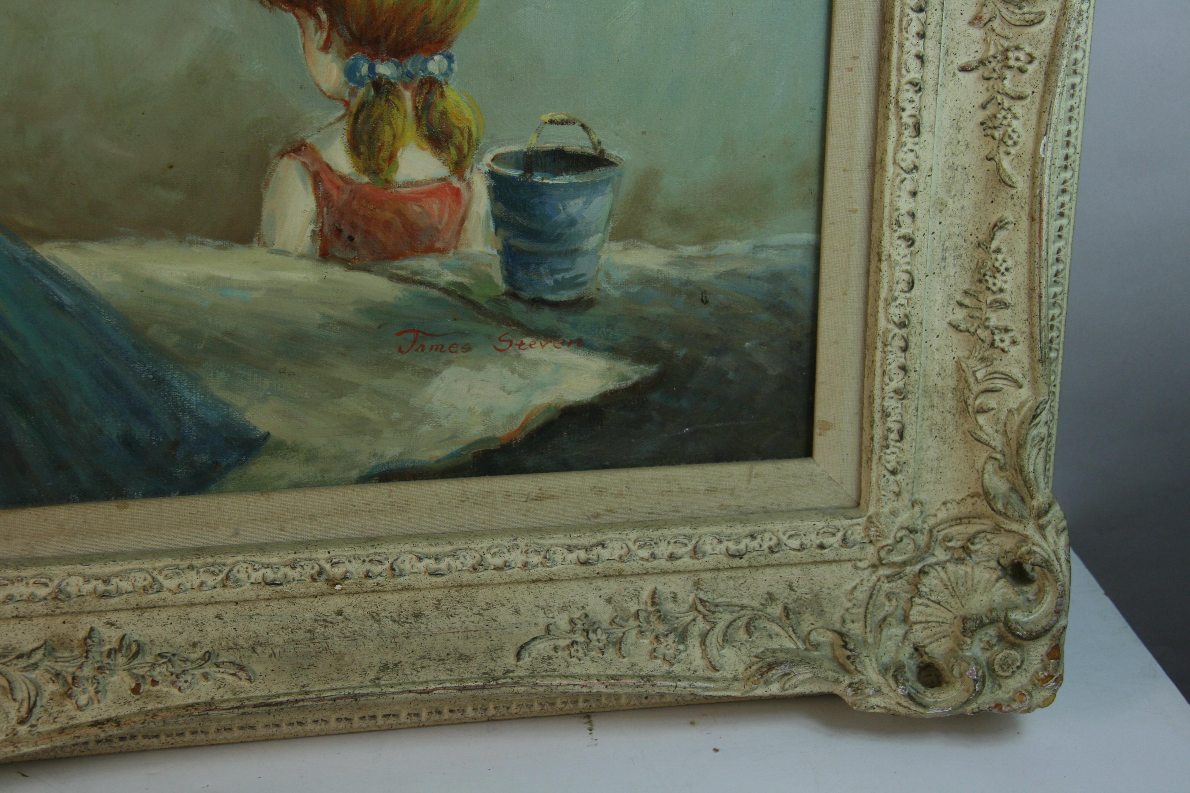 Huile surdimensionnée française Rassemblement familial au bord de la mer en vente 5