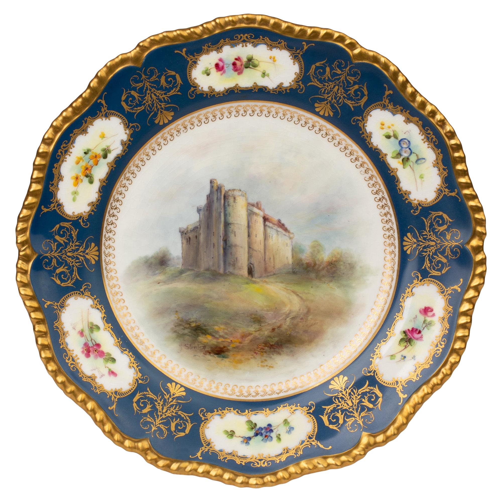 Assiette de cabinet James Stinton Royal Worcester Castle of Doune peinte à la main en vente