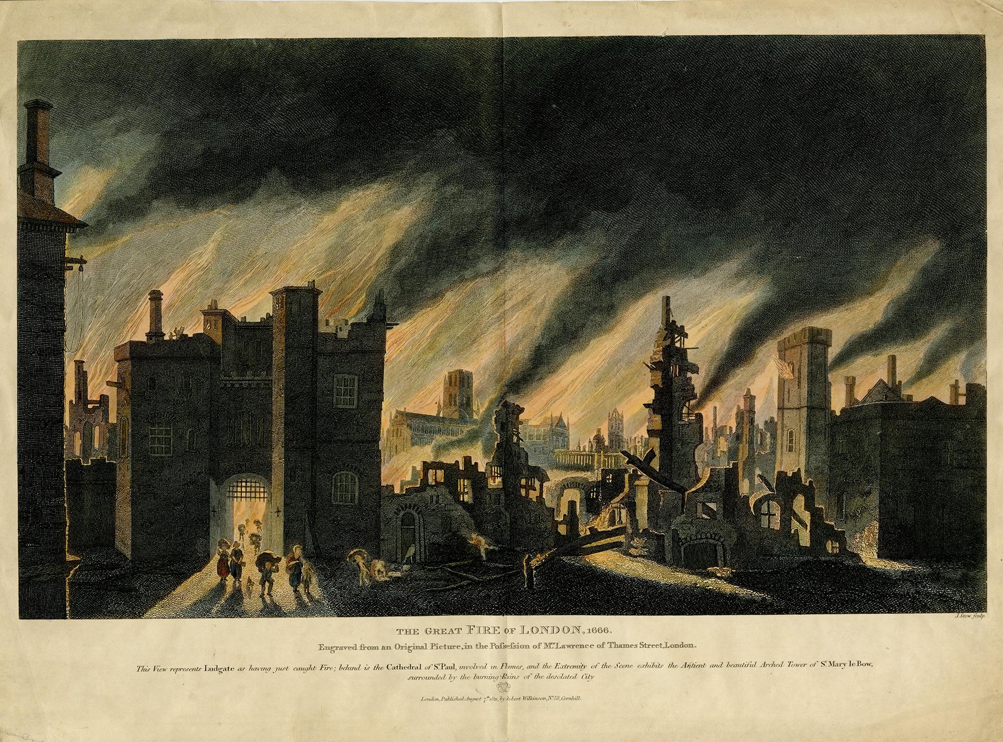 James Stow Figurative Print – Das Große Feuer in London, 1666