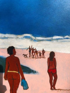 James Strombotne, Acrylic on Canvas Painting, Titled "Nude Bathers Big Ocean”