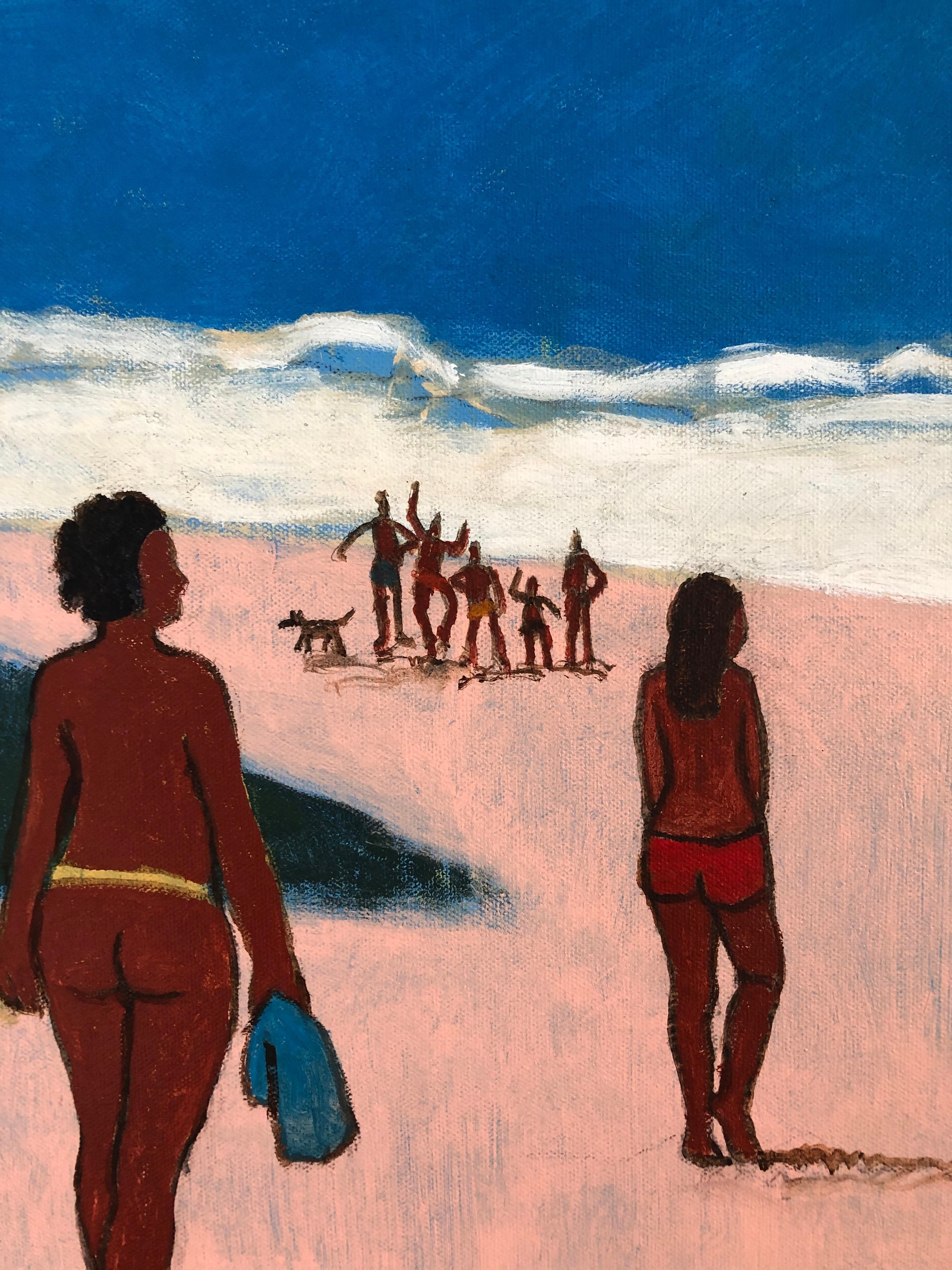 Moderne Peinture acrylique sur toile de James Strombotne, intitulée ' Nude Bathers Big Ocean ' en vente