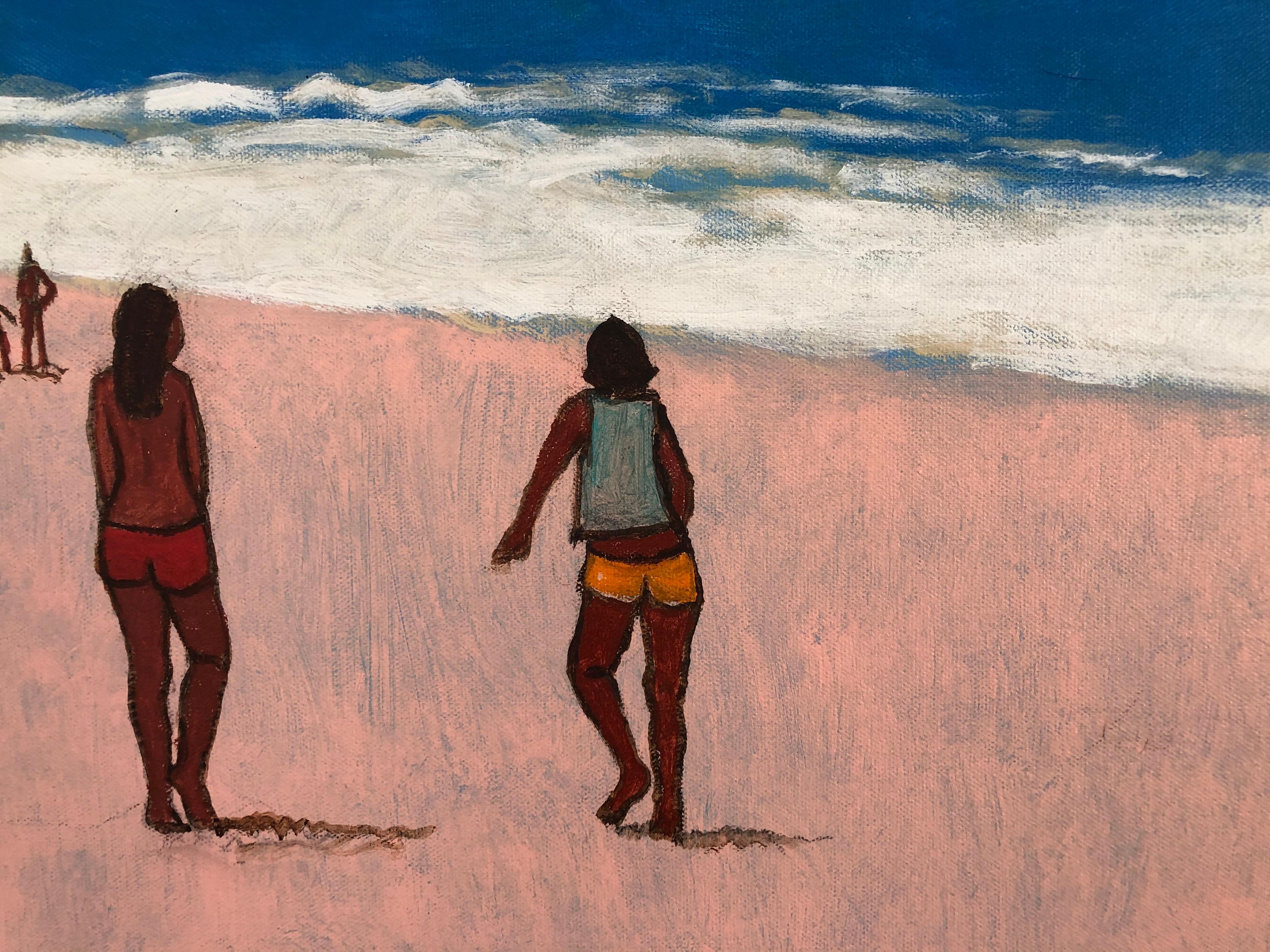 Américain Peinture acrylique sur toile de James Strombotne, intitulée ' Nude Bathers Big Ocean ' en vente