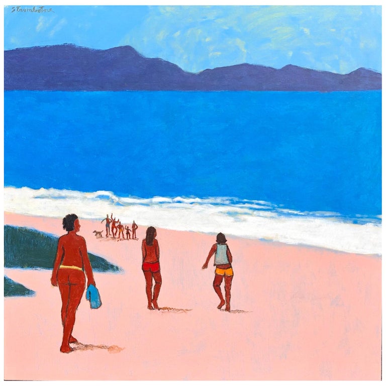 James Strombotne, Acrylic on Canvas Painting, Titled "Nude Bathers Big Ocean” For Sale