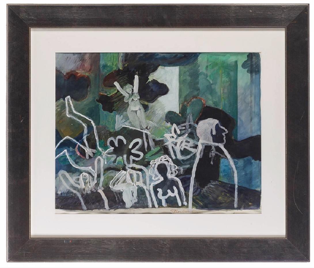 This is a mixed media work on paper by celebrated California artist James Strombotne. Although it is a work on paper, it has the impact of an oil on canvas. We love the white figures overlaying the dark green background -- especially the cheering