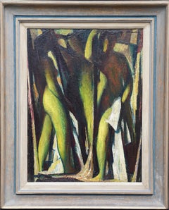 Vintage Abstract Nude Figures - British 50's art figurative nude Cubist oil painting