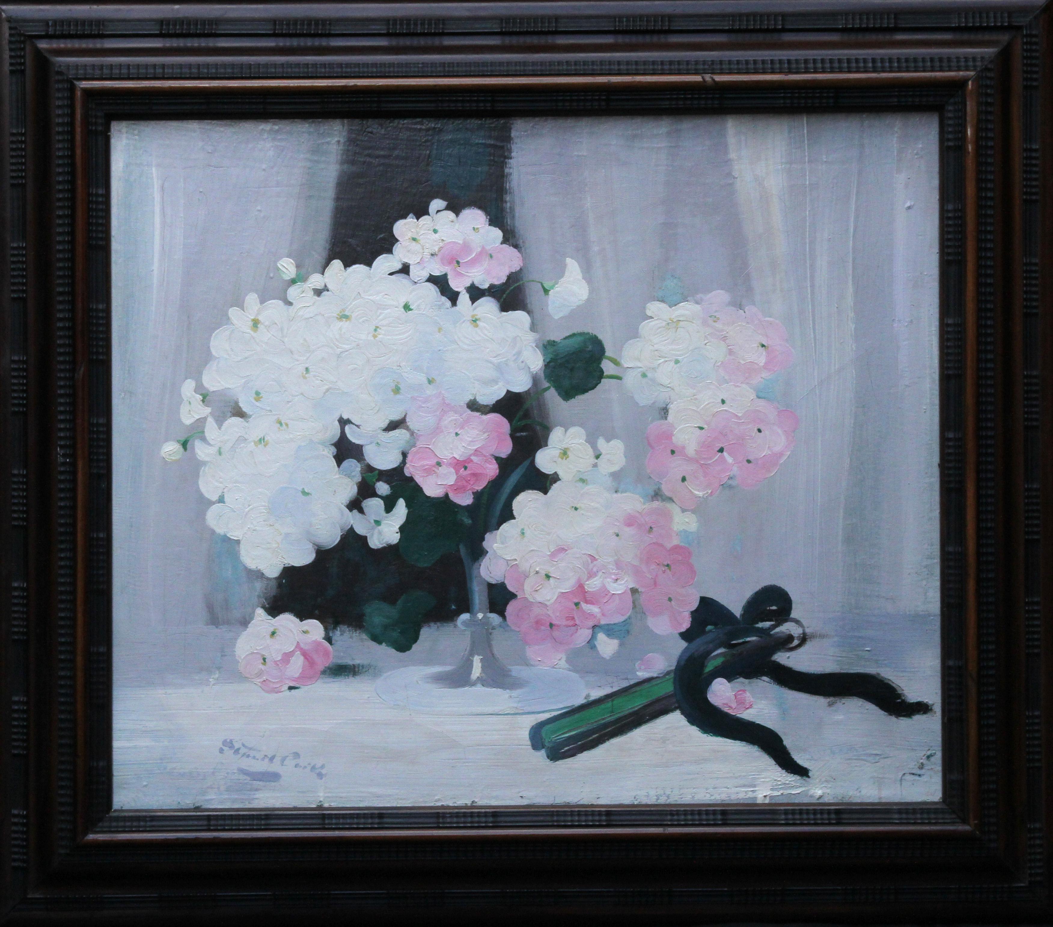 Hydrangea with Fan - Scottish art 19thC Glasgow Boy artist floral oil painting For Sale 9