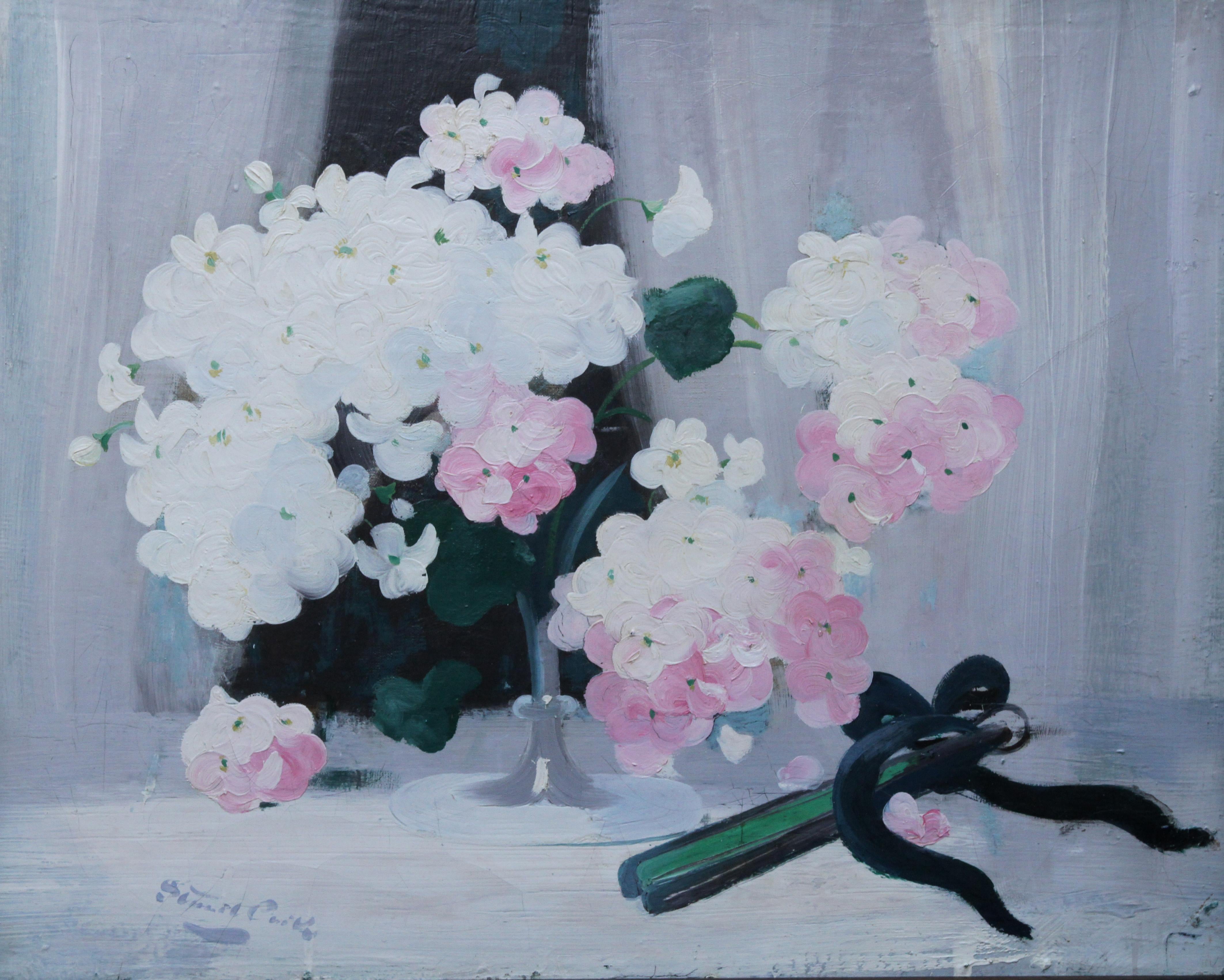 Hydrangea with Fan - Scottish art 19thC Glasgow Boy artist floral oil painting - Painting by James Stuart Park