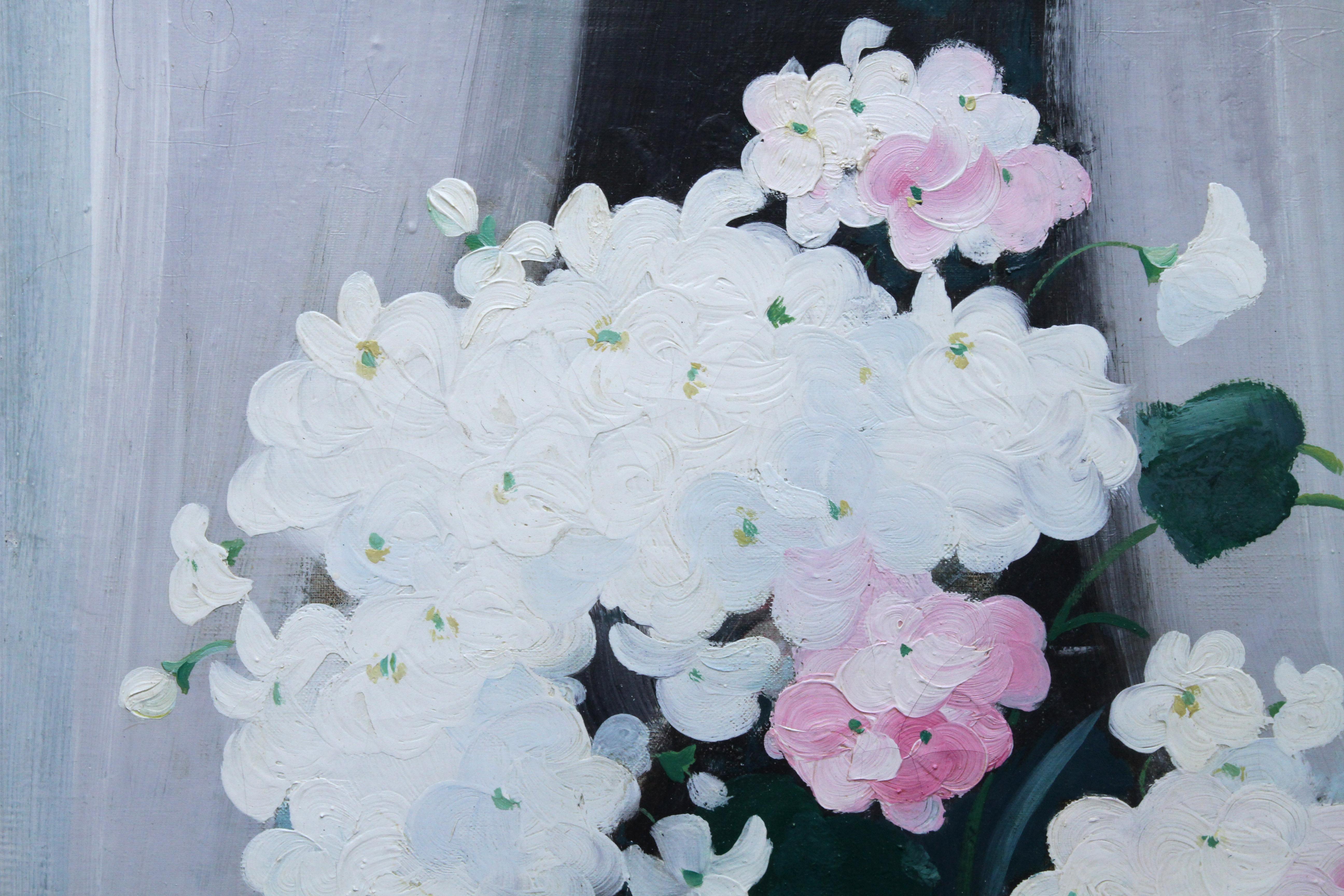 A fine floral oil painting by Glasgow Boy artist James Stuart Park. This is a super oil on canvas painting of white and pink hydrangea in a vase with a green fan by listed artist Park and was painted circa 1900. This is a fine example of a late 19th