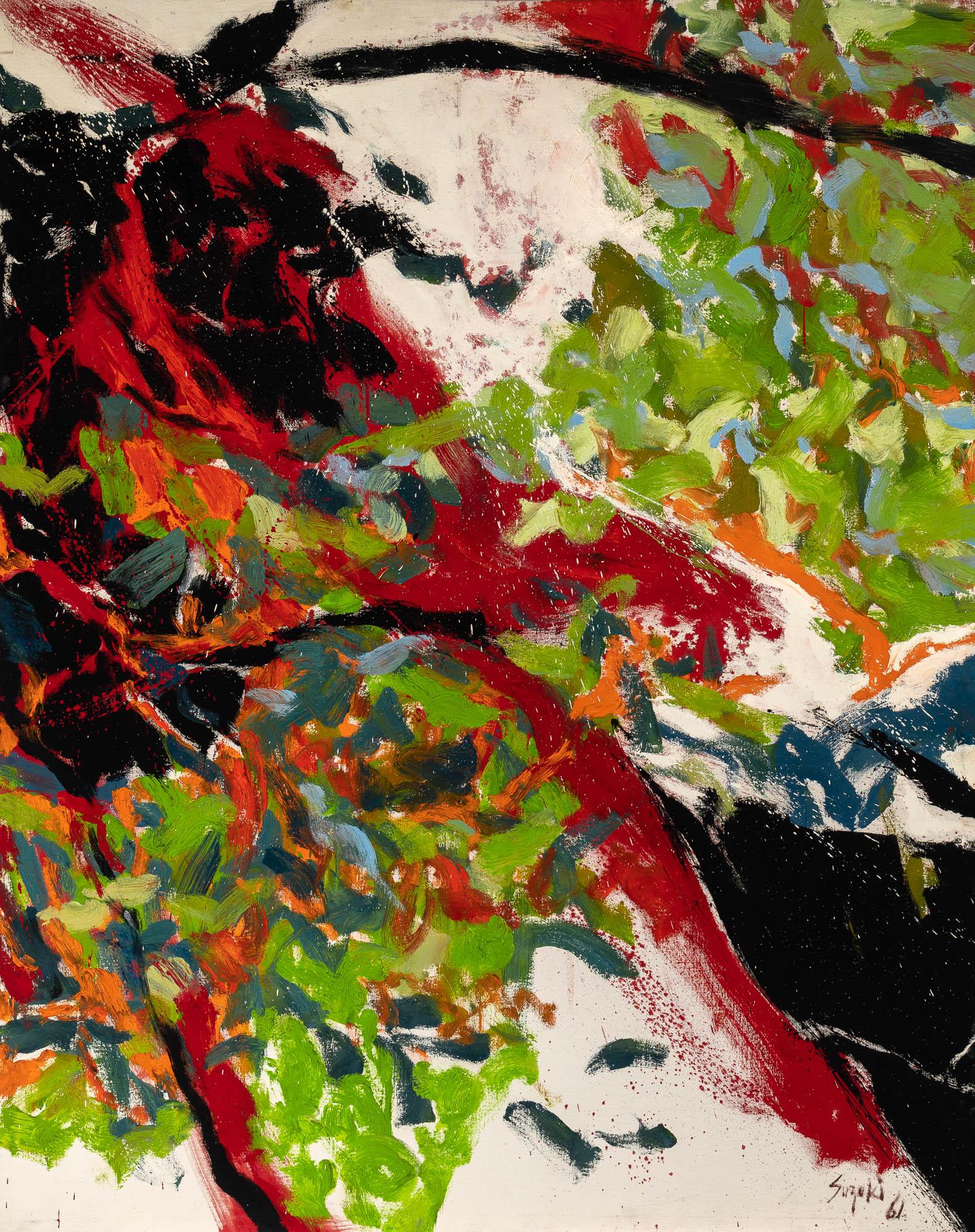 James Suzuki
Nuovo indirizzo, 1961
Firmato e datato in basso a destra; firmato, intitolato e datato sul retro.
Olio su tela
54 x 42 1/2 pollici


James Hiroshi Suzuki segue le orme di giganti della pittura Color Field come Clyfford Still, Mark