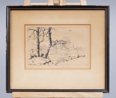 Vintage Pastoral Marshy Churchyard Etching