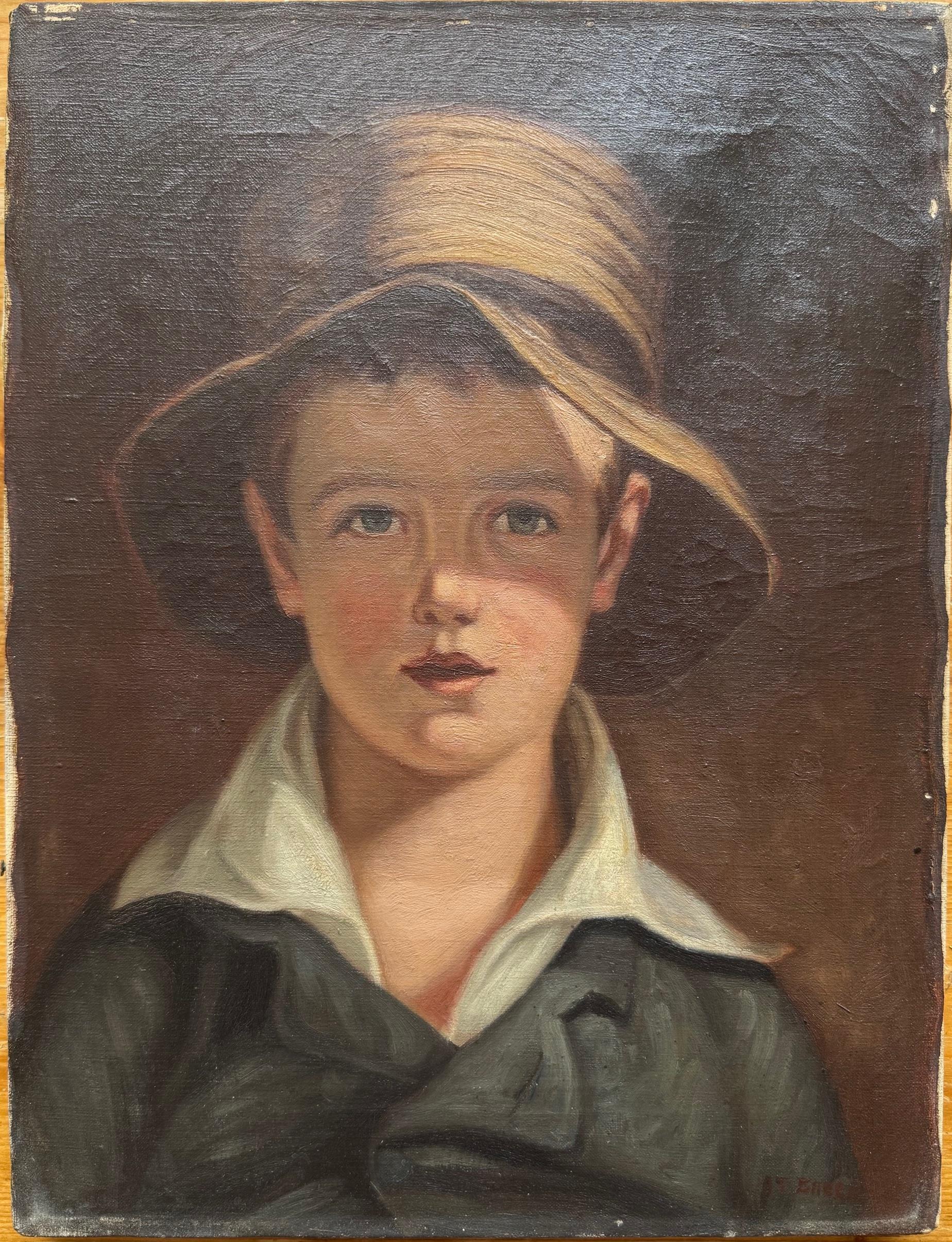 Painted by James T. BREEN, c. 1920, oil on canvas. This well executed copy of the famous painting by Thomas Sully (American born in England 1783-1872) portrait of his 9 year old son in 1820. Signed lower left J T Breen. James T. Breen was