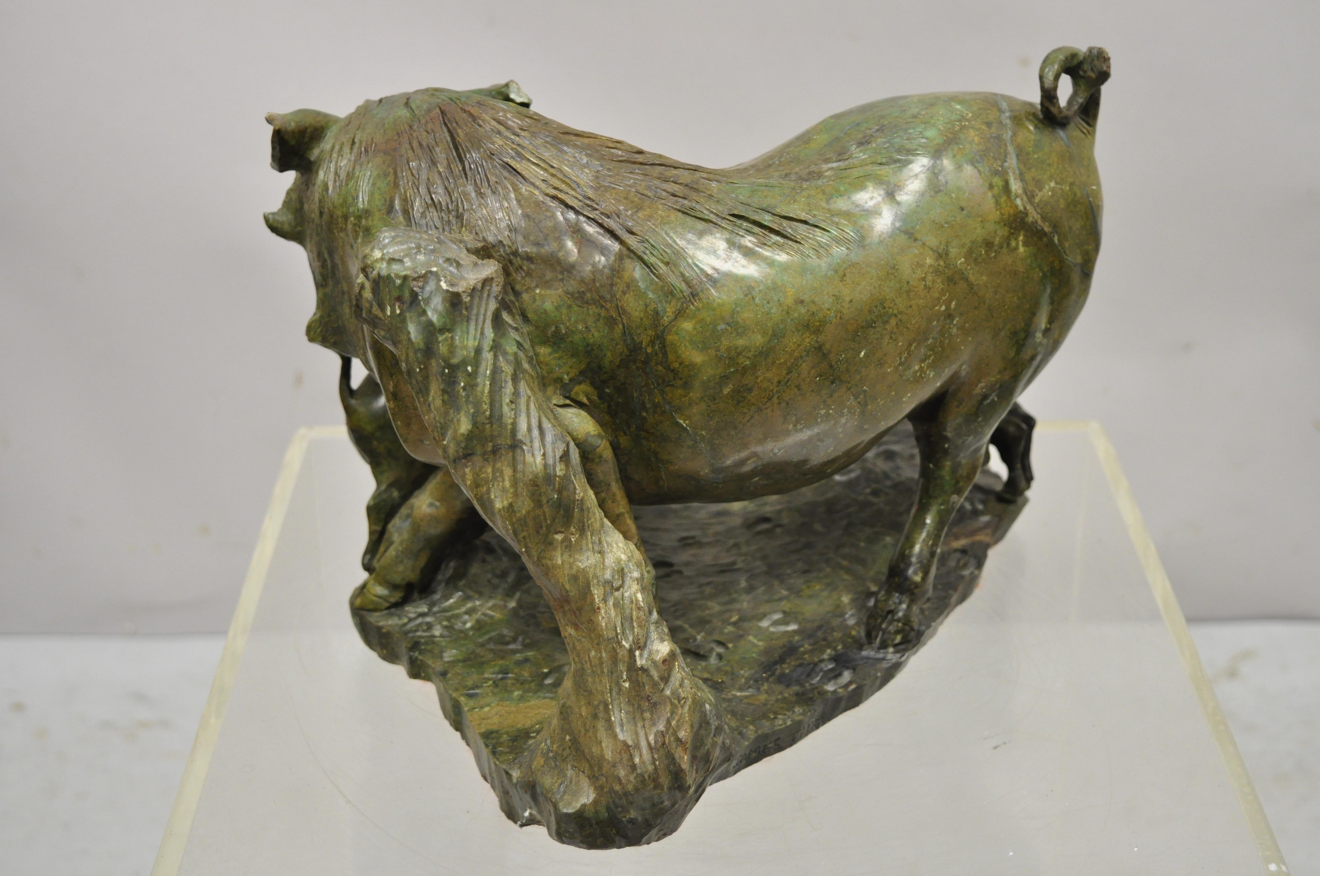 James Tandi African Wild Boar Green Carved Verdite Hardstone Sculpture Figure For Sale 2