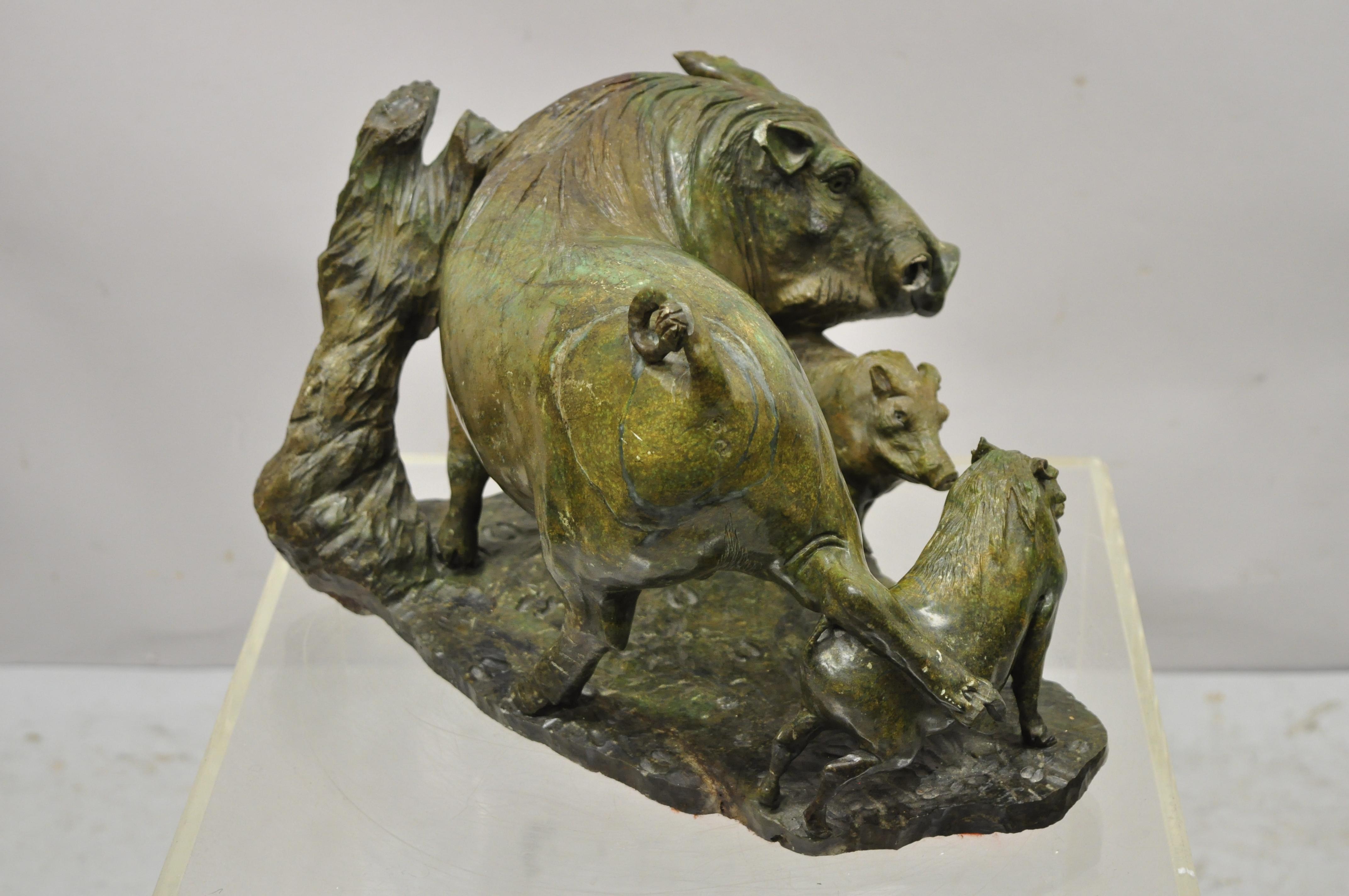 James Tandi African Wild Boar Green Carved Verdite Hardstone Sculpture Figure For Sale 3