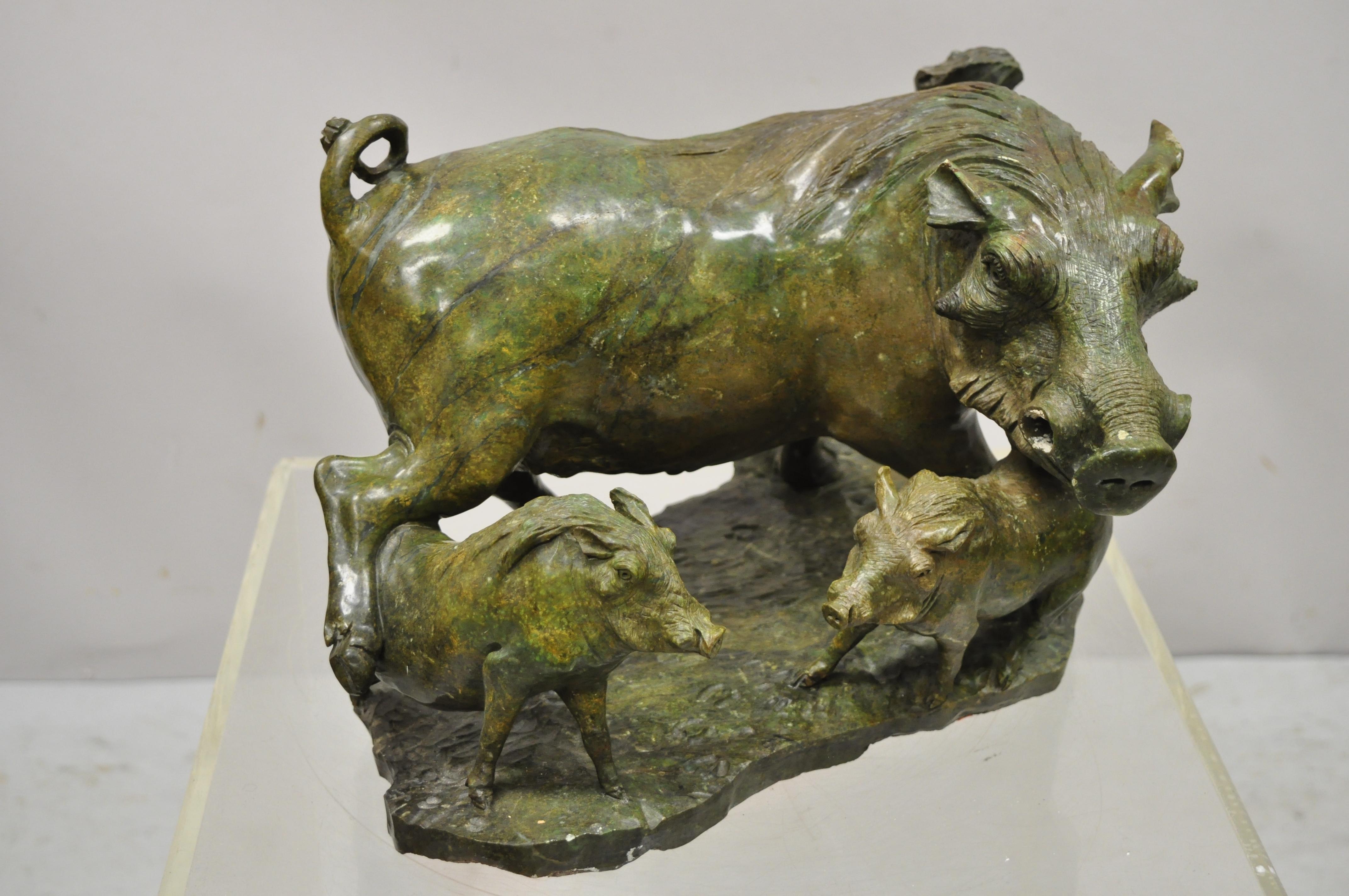 James Tandi African Wild Boar Green Carved Verdite Hardstone sculpture figure. Item features impressive carved verdite hardstone sculpture of a mother wild boar (missing tusks) and 2 young boar, very nice vintage item, quality craftsmanship, great