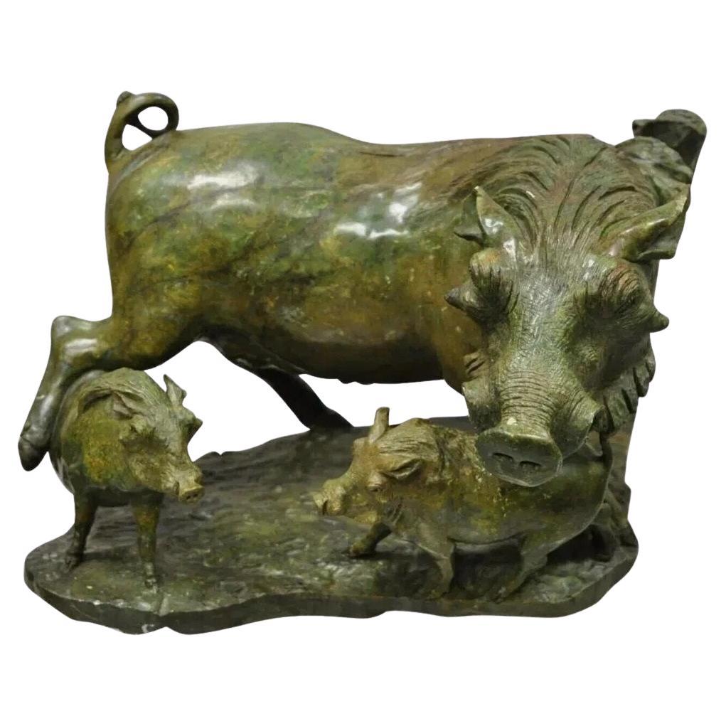 James Tandi African Wild Boar Green Carved Verdite Hardstone Sculpture Figure