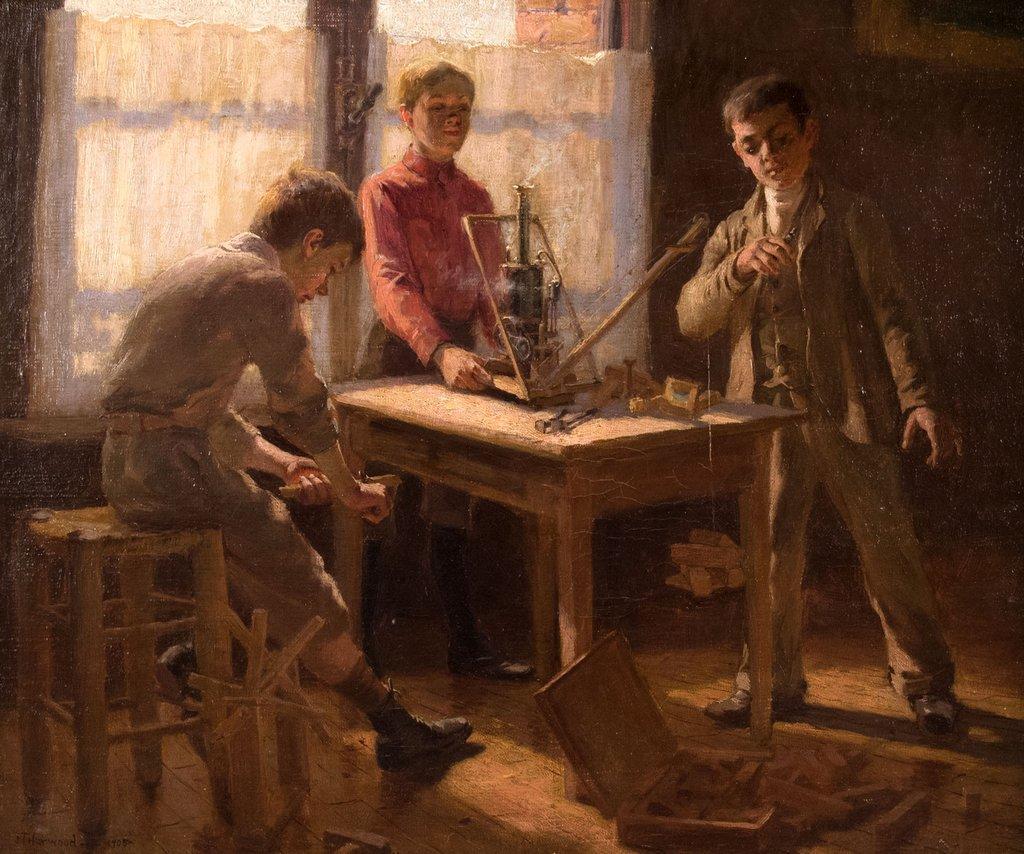 James Taylor Harwood Figurative Painting – Juvenile Bauwerkzeuge