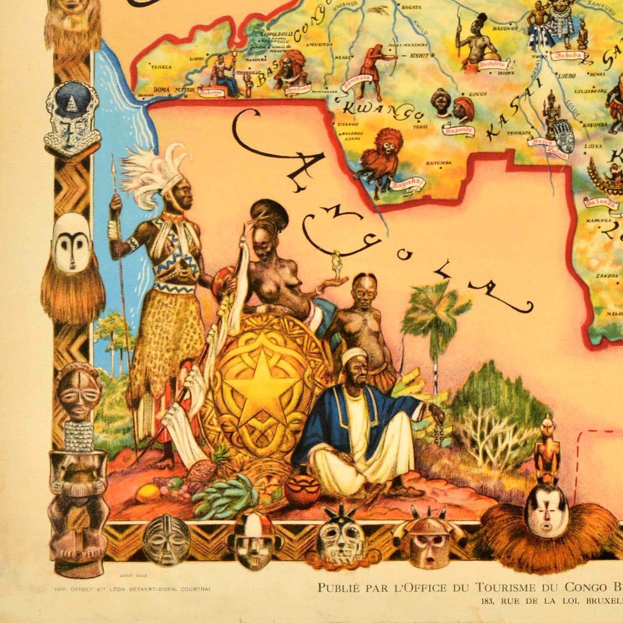 Affiche originale de carte de voyage pour le Congo belge / Belgisch Kongo présentant une carte illustrée de la région limitrophe de l'Afrique équatoriale, du Soudan français, de l'Angola, de la Rhodésie, du Tanganyika et de l'Ouganda montrant des