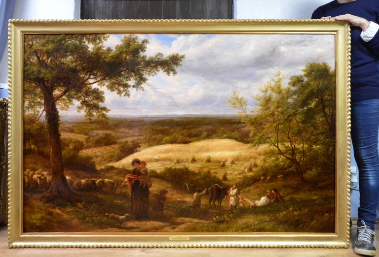 James Thomas Linnell Landscape Painting - Reaping - Very Large 19th Century Royal Academy English Landscape Oil Painting 