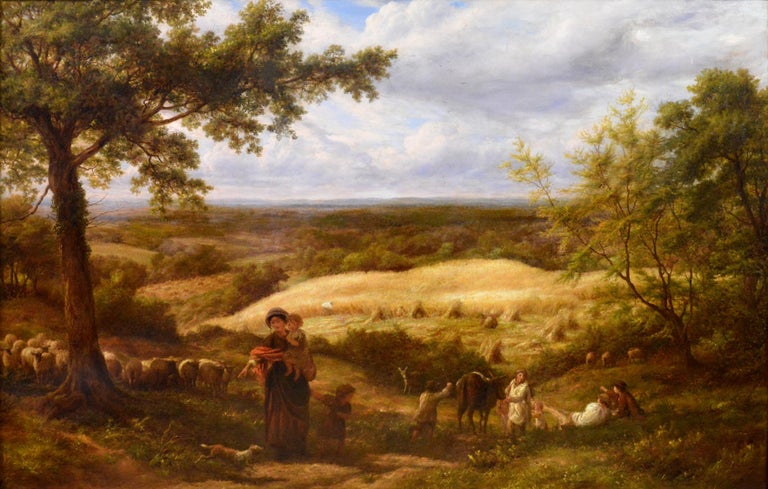 Reaping - Very Large 19th Century Royal Academy English Landscape Oil Painting  - Brown Landscape Painting by James Thomas Linnell