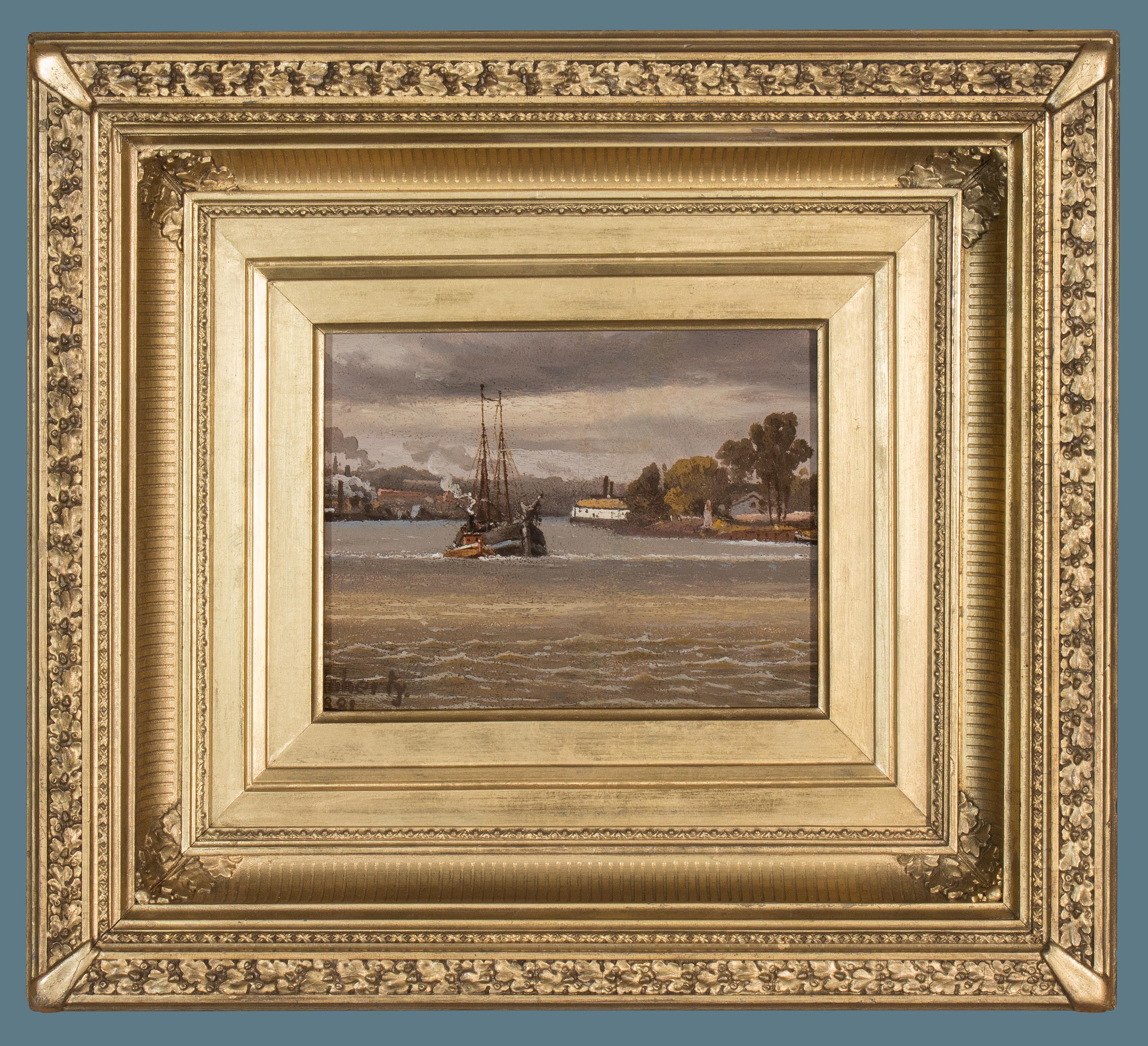 James Thorp Flaherty Landscape Painting – Ansicht des Delaware River gegenüber Philadelphia