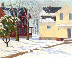 Antique American Modernist Signed Oil Painting Houses in Winter 1920 Framed