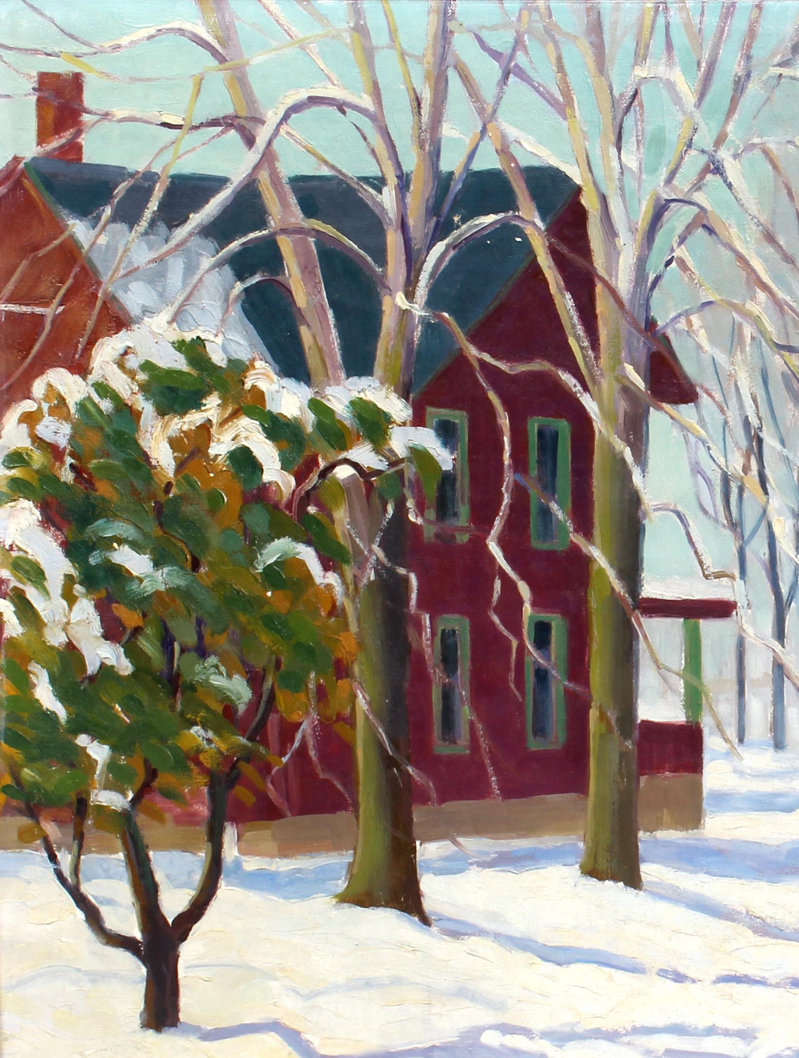 Antique American modernist view of homes in winter signed Timmens.

Oil on board, circa 1935. Signed.  

Displayed in a period modernist frame.  Image, 24