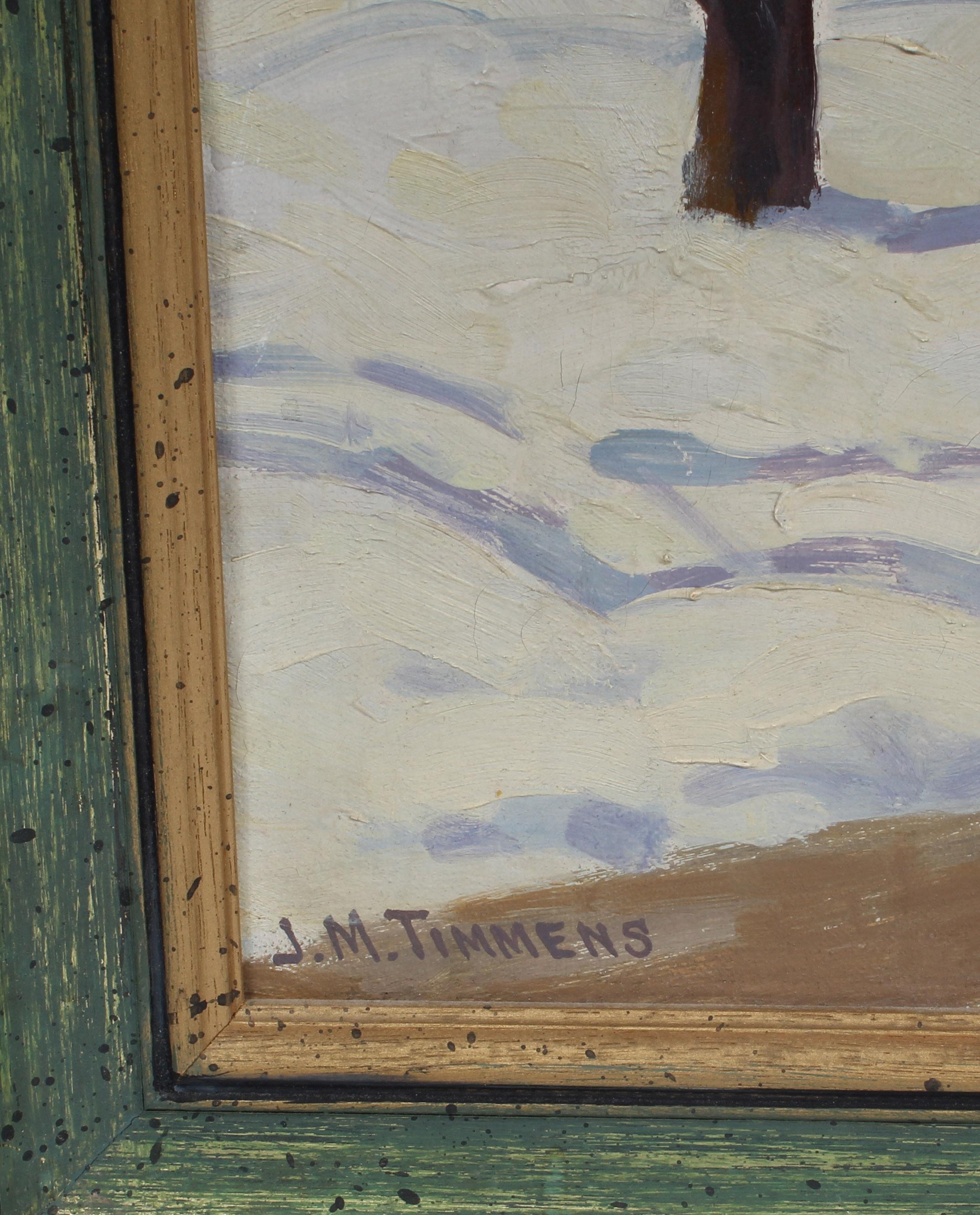 Antiguo óleo modernista americano firmado Casas en invierno 1920 Enmarcado - Landscape Painting Beige de James Timmens