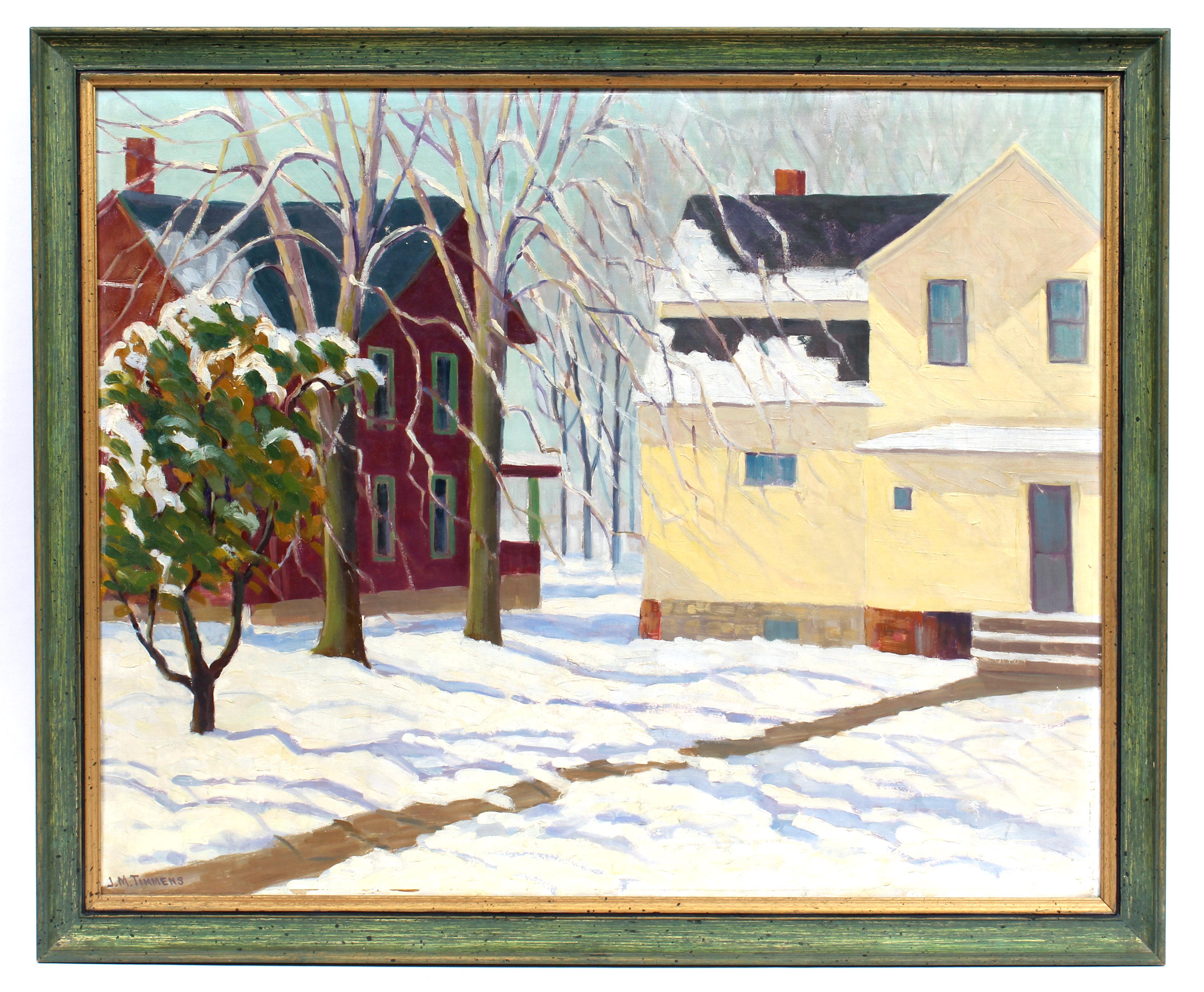 Landscape Painting de James Timmens - Antiguo óleo modernista americano firmado Casas en invierno 1920 Enmarcado