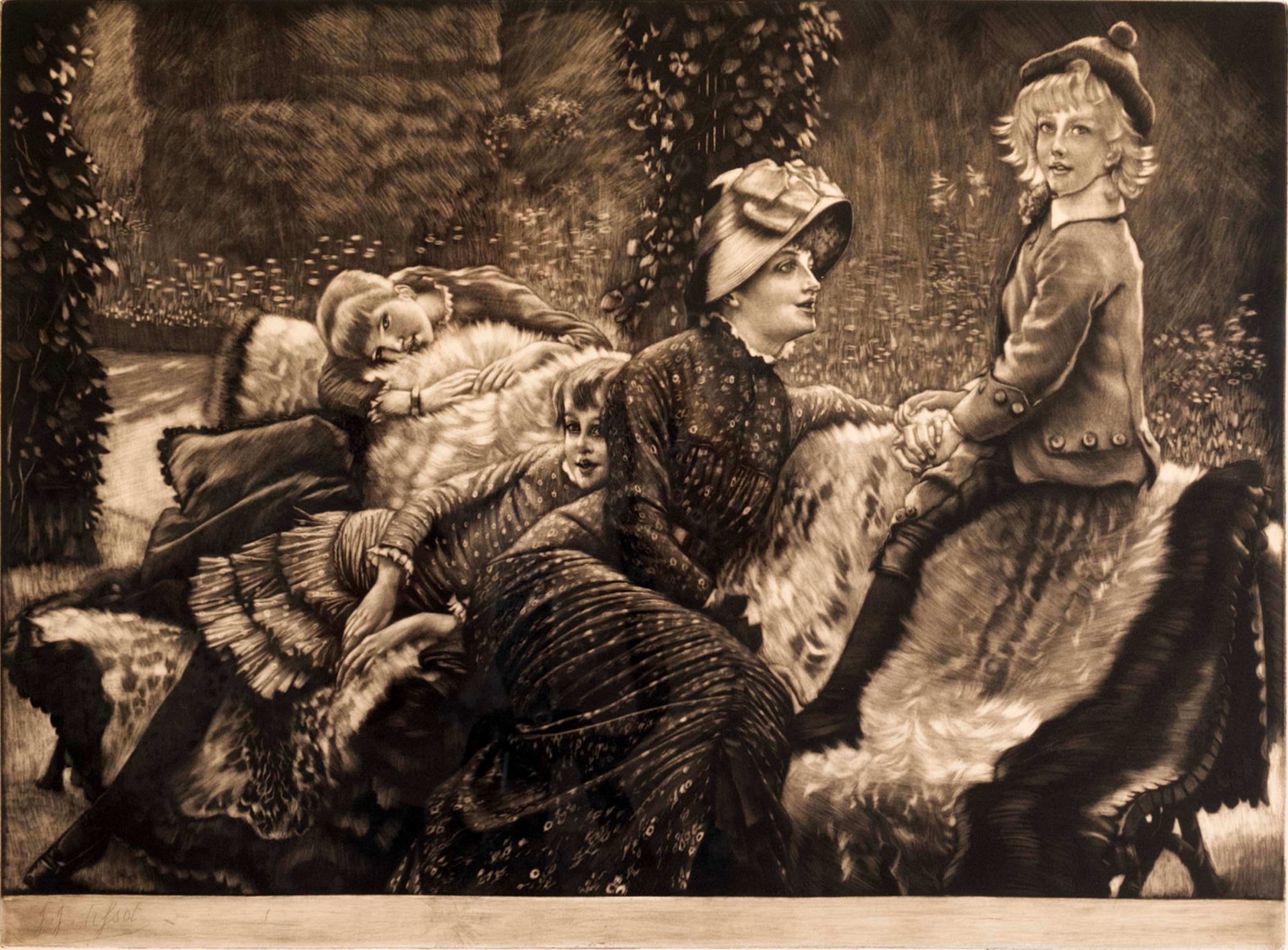 Francese James Tissot Le Banc de Jardin Acquaforte mezzatinta su carta Beraldi 66 Edizione in vendita