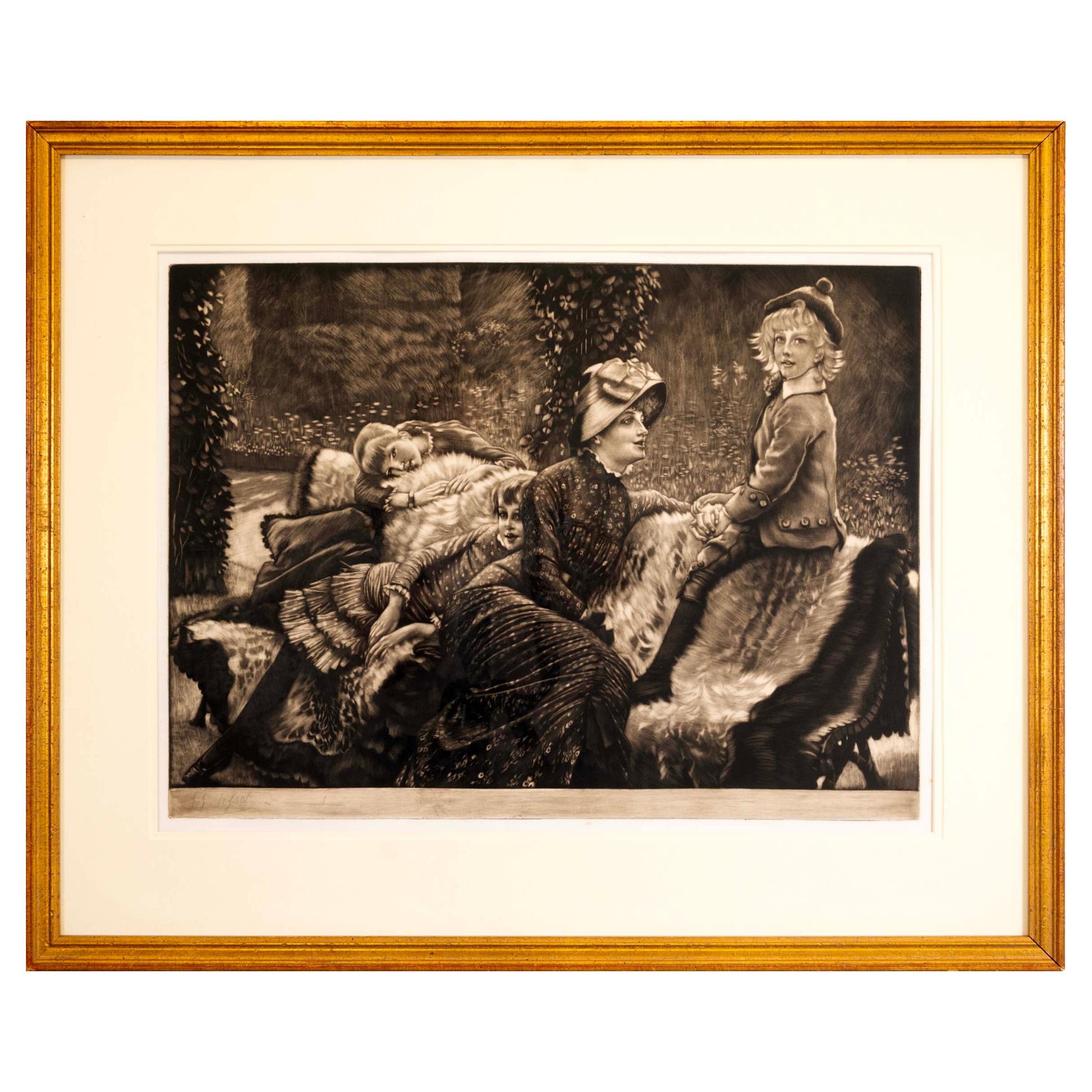 James Tissot Le Banc de Jardin Acquaforte mezzatinta su carta Beraldi 66 Edizione in vendita