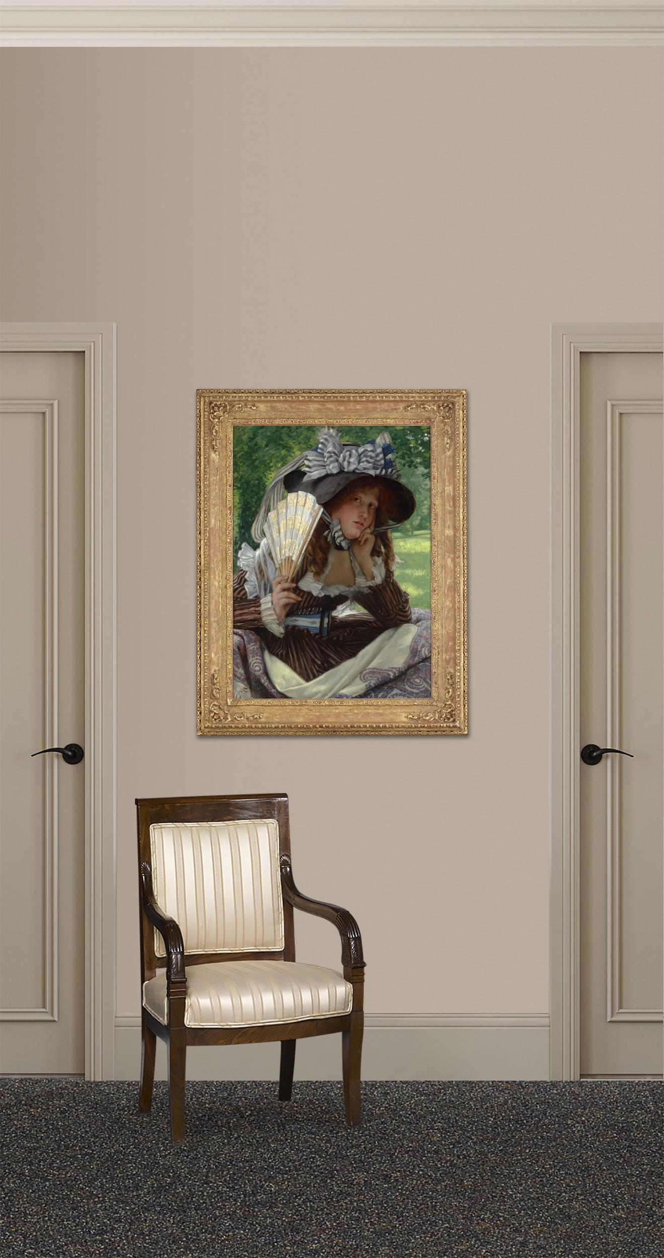 Jeune femme à l'éventail - Noir Portrait Painting par James Tissot