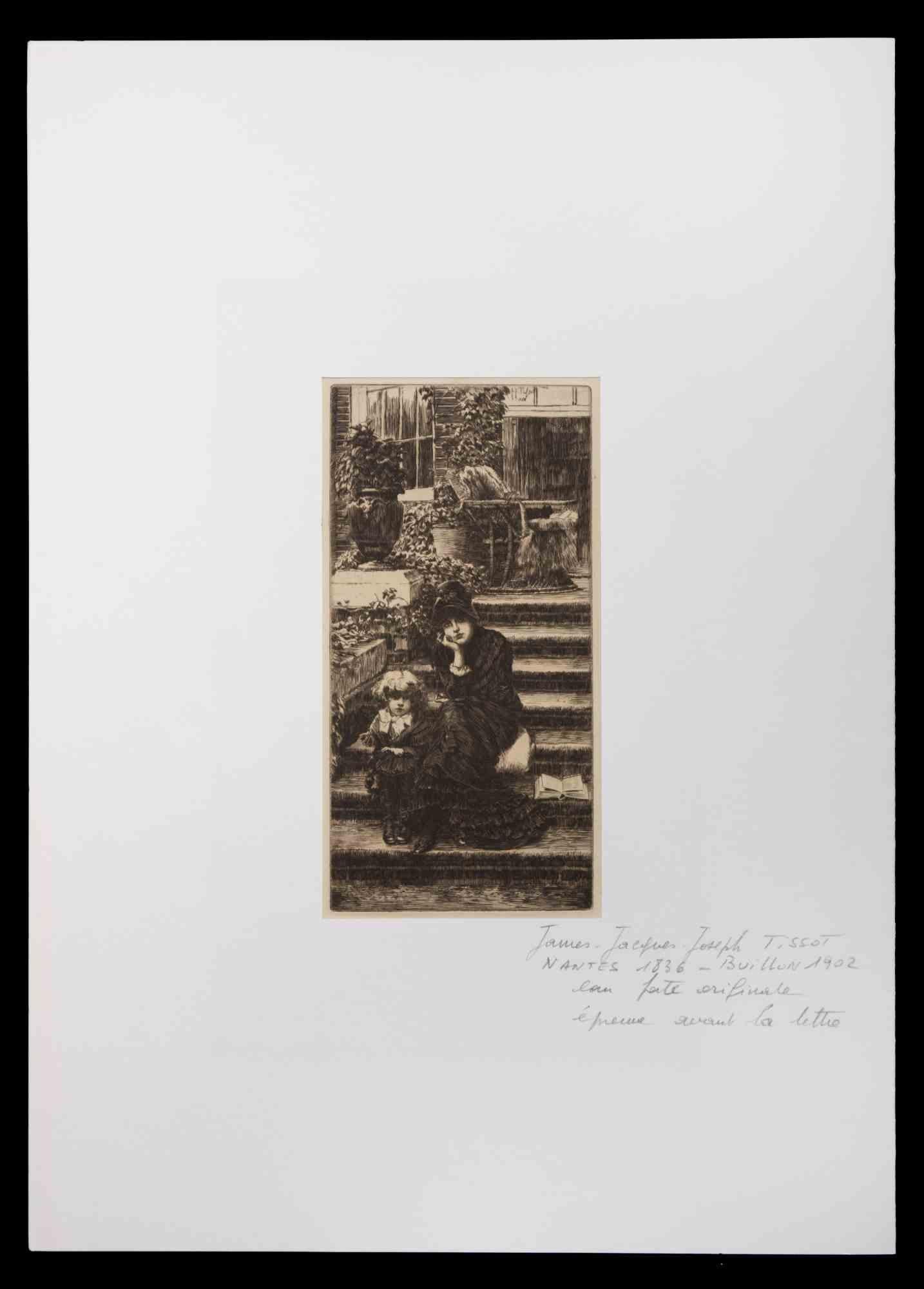 Jeune fille et enfant - Gravure de James Tissot - Fin du 19ème siècle en vente 1